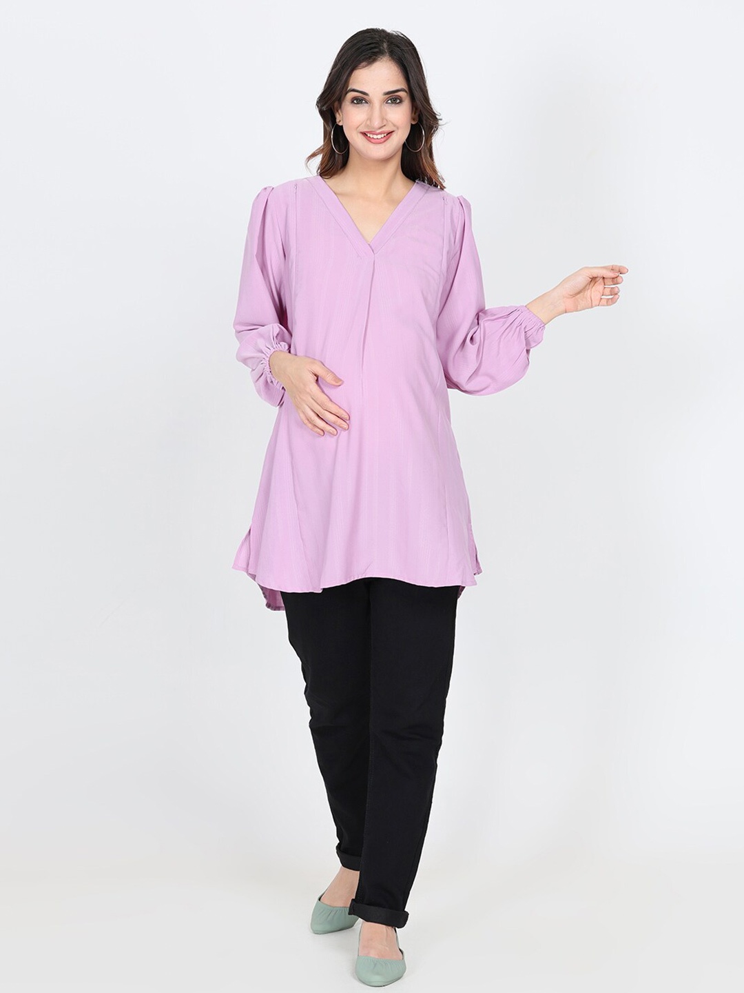 

CHARISMOMIC V-Neck Puff Sleeves Maternity Longline Top, Pink