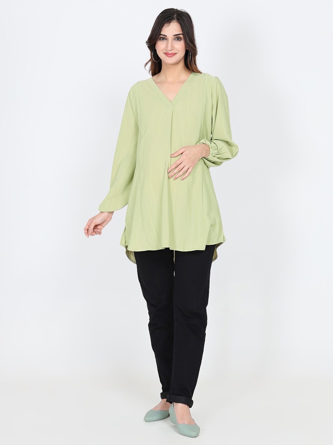 

CHARISMOMIC V-Neck Puff Sleeves Maternity A-Line Longline Top, Green
