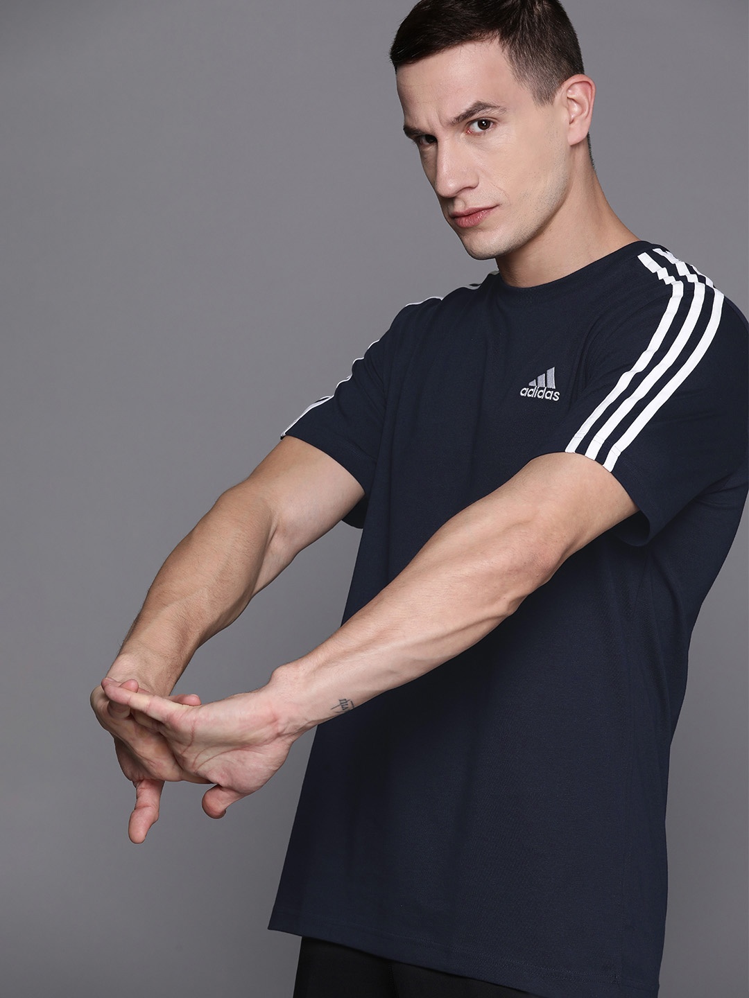 

ADIDAS Men Pure Cotton 3-Stripes SJ Training T-shirt, Navy blue