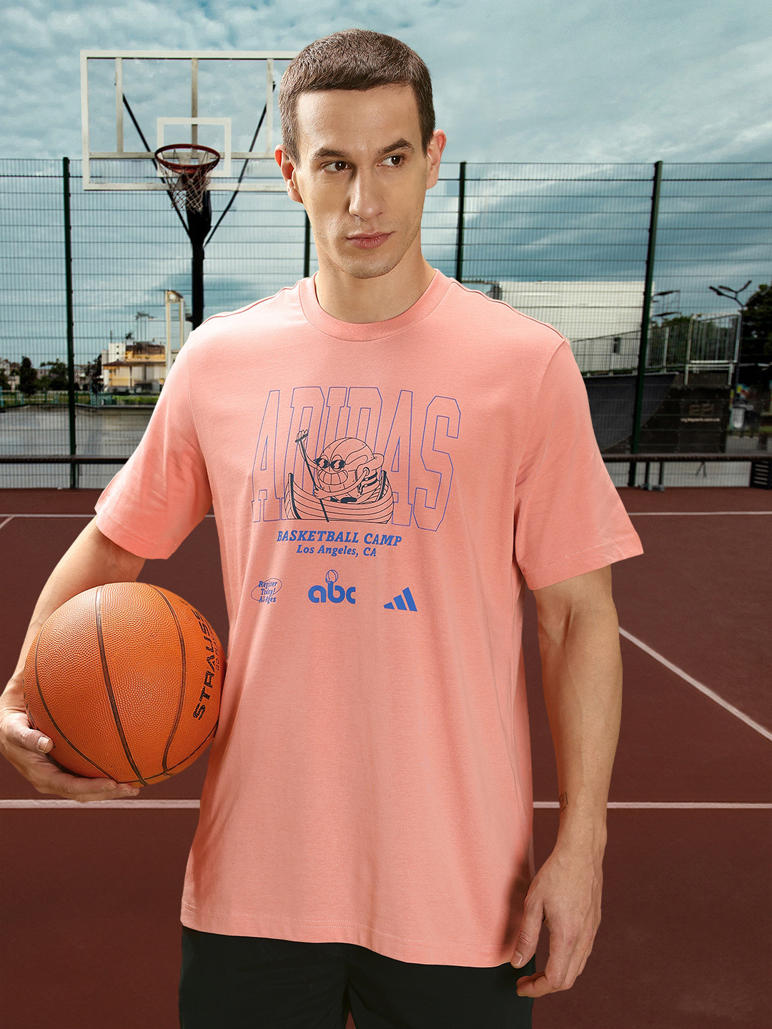 

ADIDAS Lil Stripe SC Brand Logo Printed Pure Cotton Basketball T-shirt, Peach