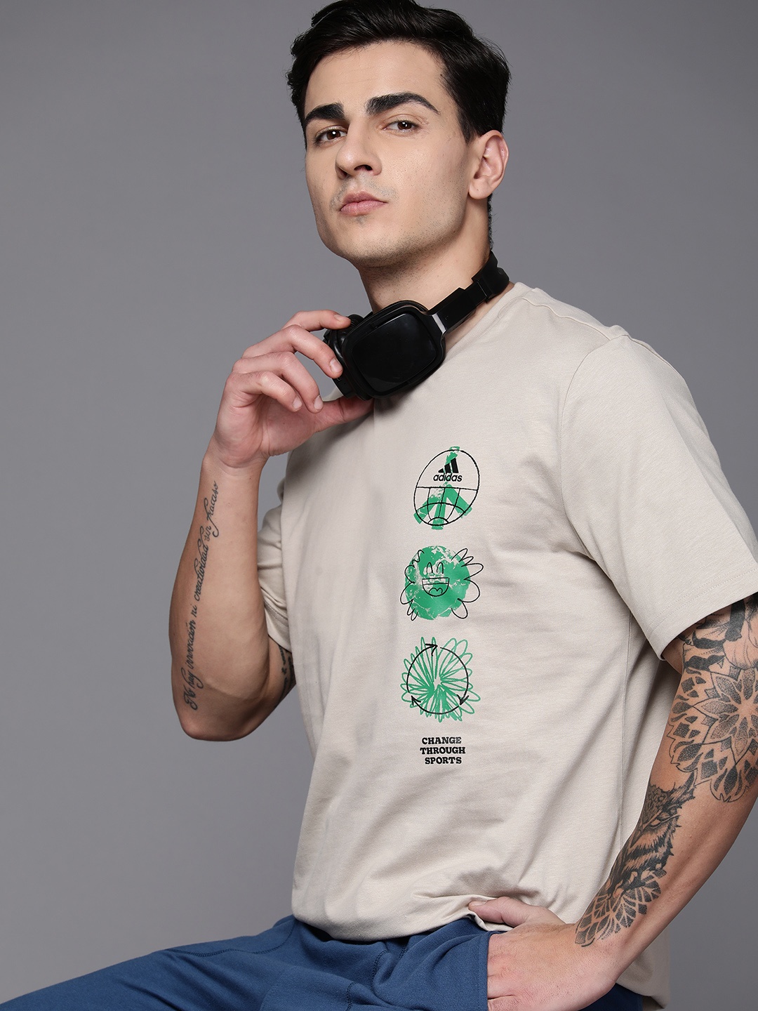 

ADIDAS Men Graphic Printed Change Pure Cotton T-shirt, Beige