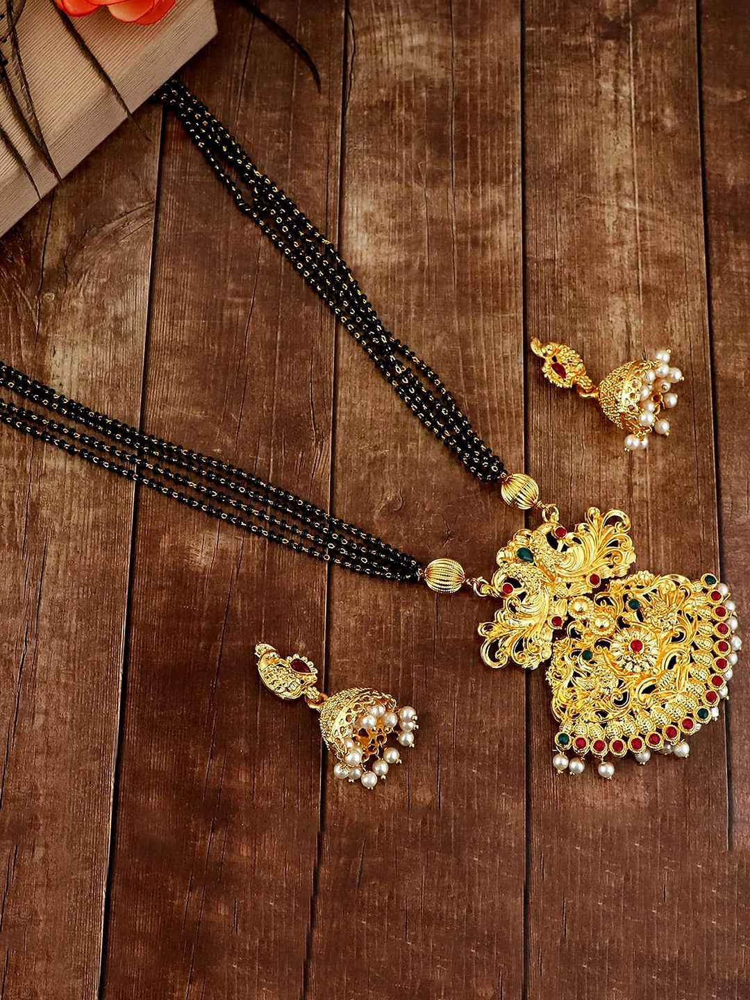 

MANSIYAORANGE Gold-Plated Black Beaded & Stone-Studded Mangalsutra With Earrings
