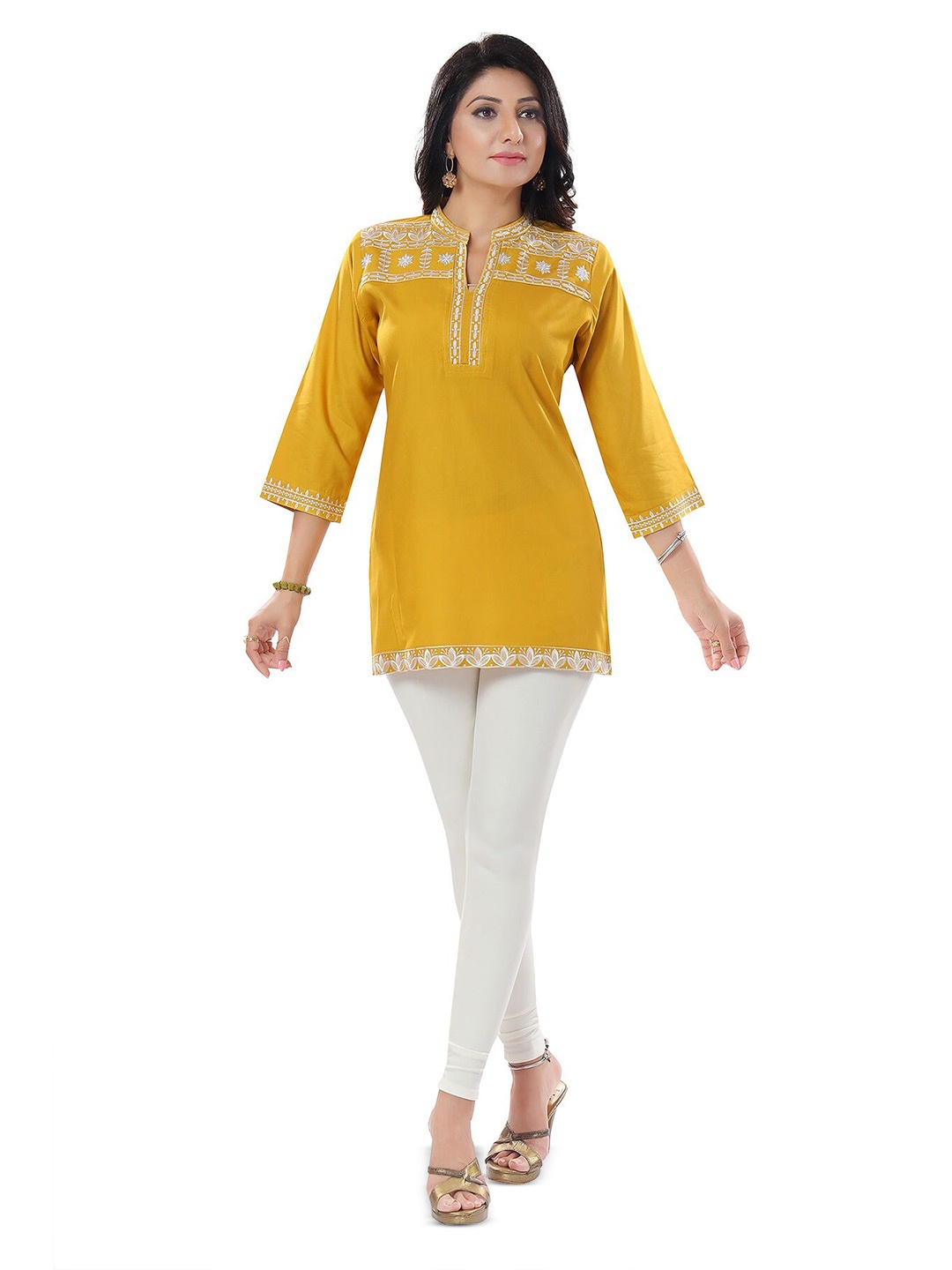 

keshubaba Mandarin Collar Floral Embroidered Tunic, Mustard