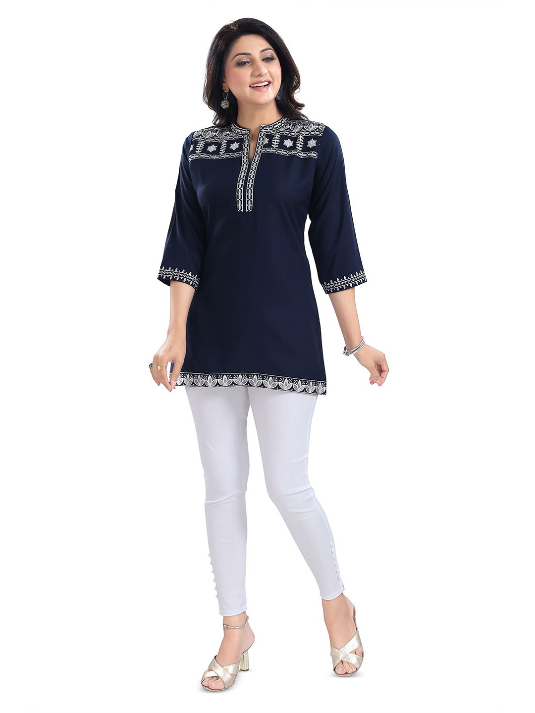 

keshubaba Mandarin Collar Floral Embroidered Tunic, Blue