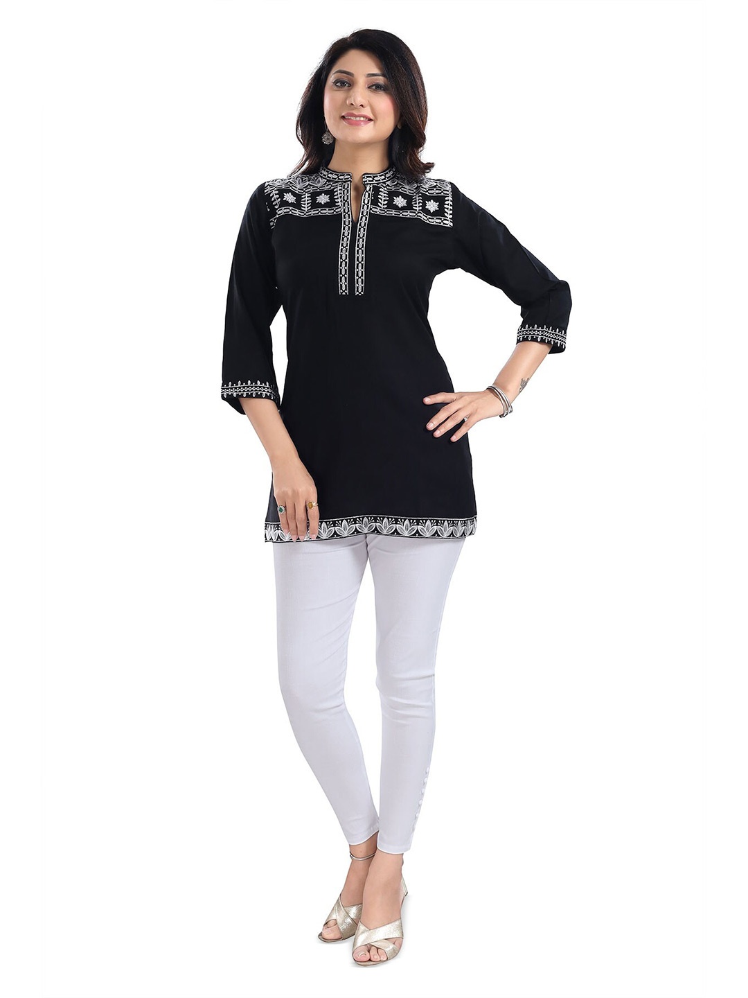 

keshubaba Mandarin Collar Floral Embroidered Tunic, Black
