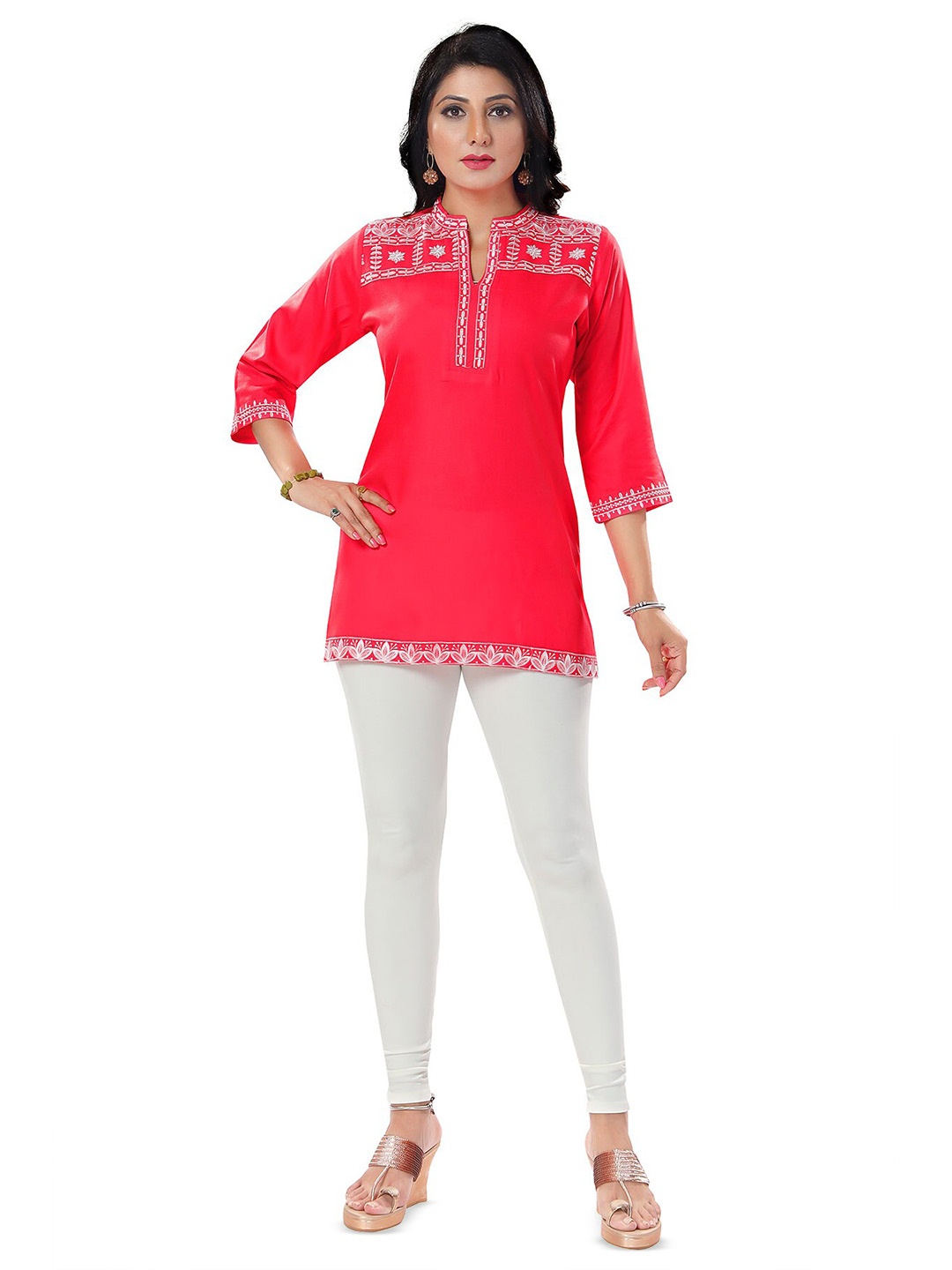 

keshubaba Mandarin Collar Floral Embroidered Tunic, Red