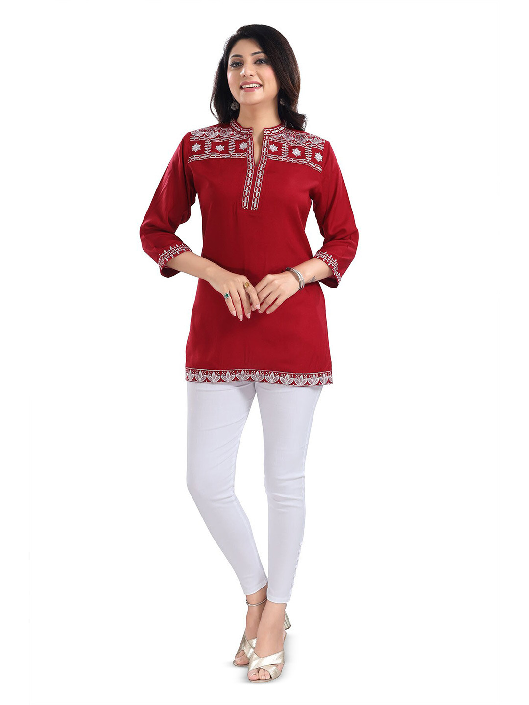 

keshubaba Mandarin Collar Floral Embroidered Tunic, Red