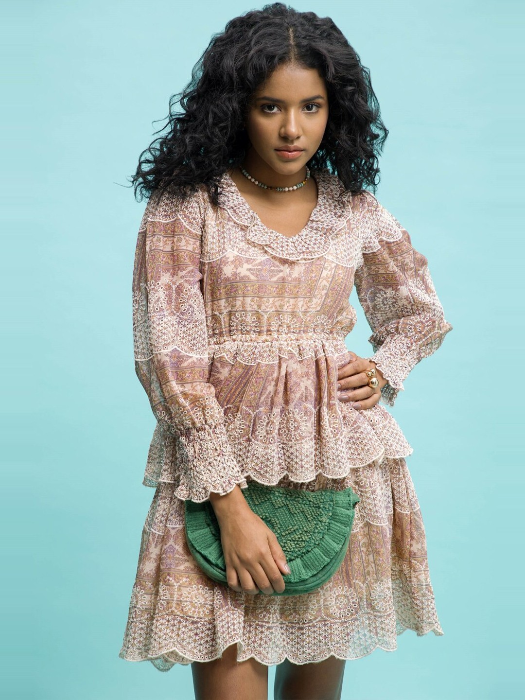 Dee Monash Floral Printed Puff Sleeves Tiered Chiffon Fit & Flare Dress, Peach