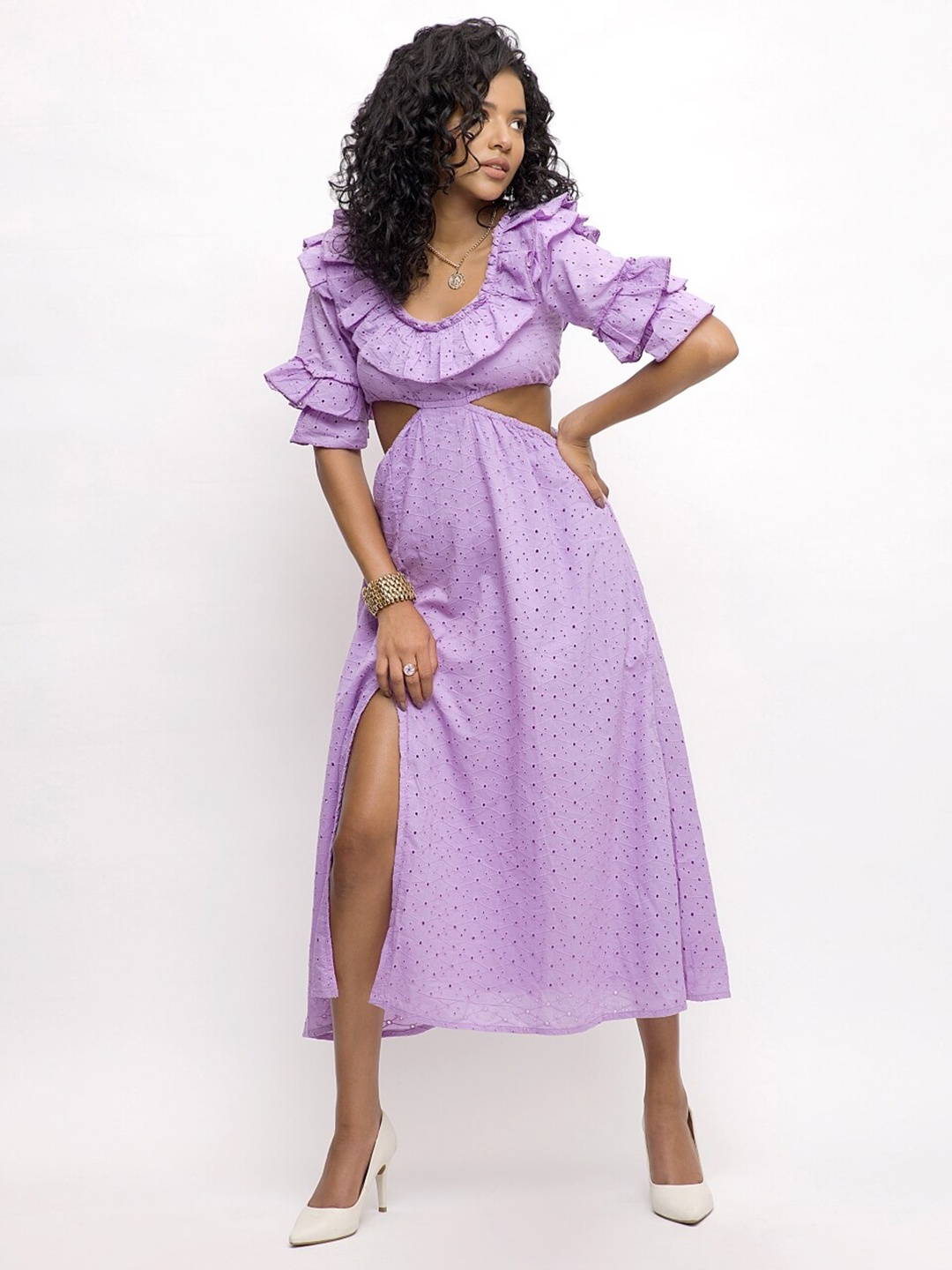

Dee Monash Self Design Schiffli Ruffles Cut Out Pure Cotton Fit & Flare Midi Dress, Lavender