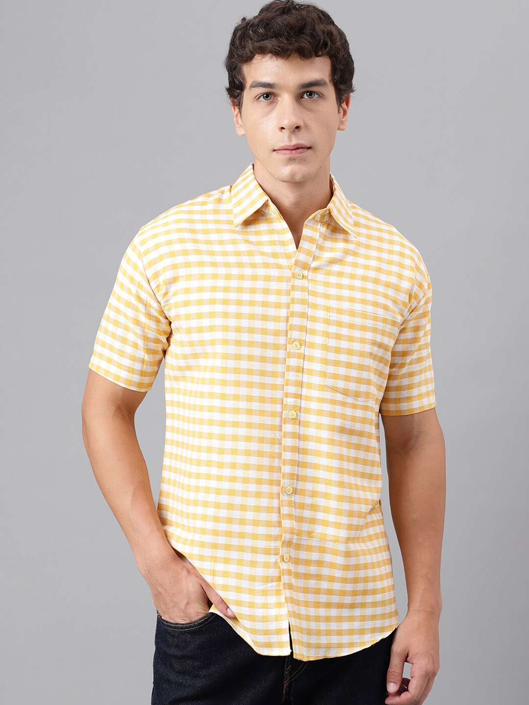 

RIAG Gingham Checks Striped Cotton Casual Shirt, Yellow
