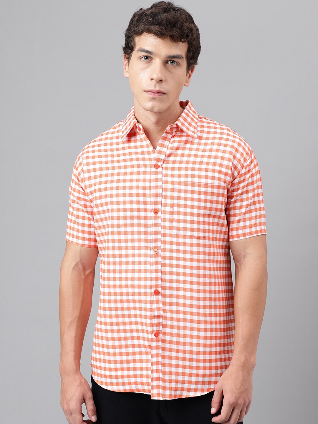 

RIAG Gingham Checks Striped Cotton Casual Shirt, Orange