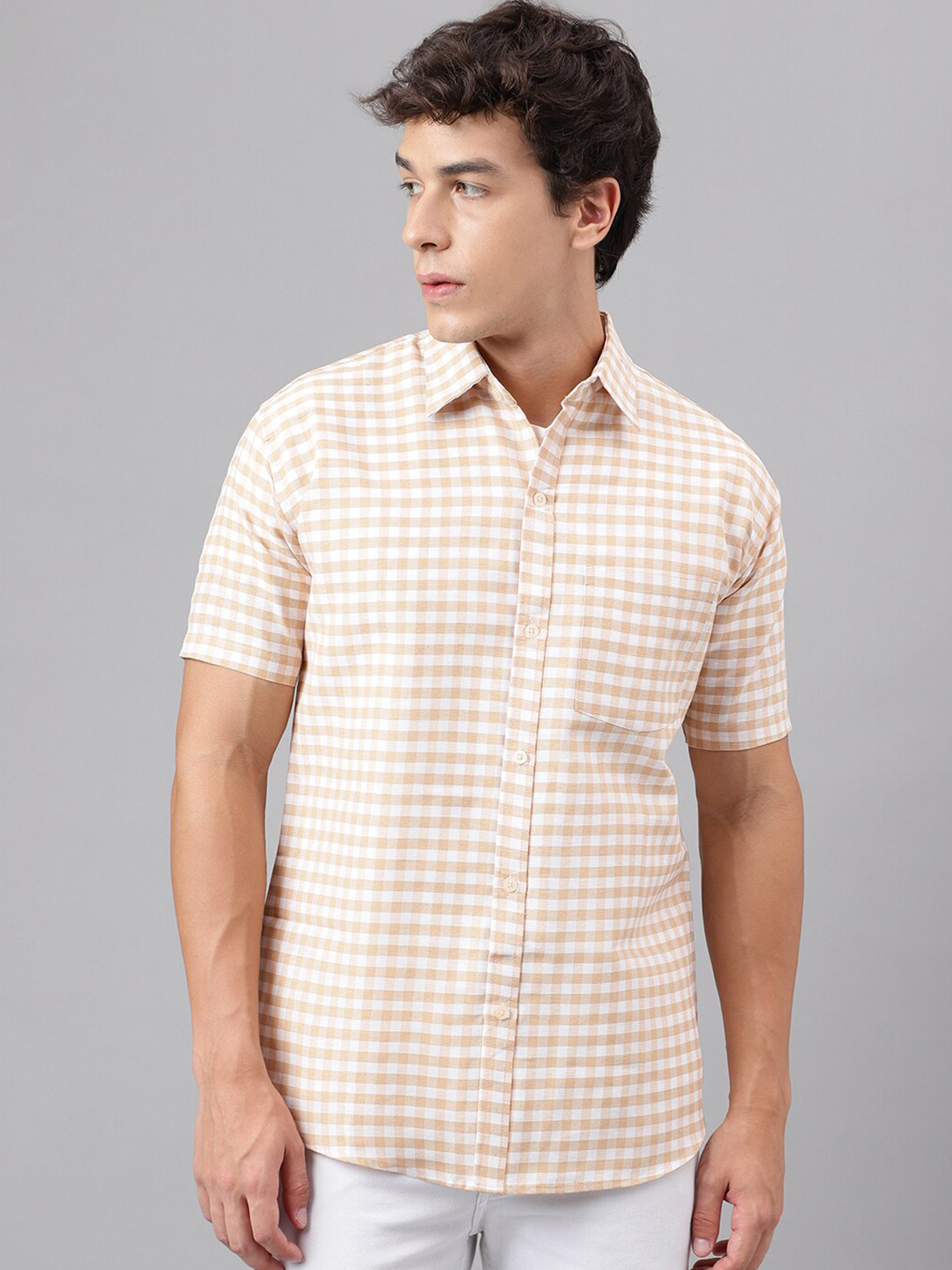 

RIAG Gingham Checks Striped Cotton Casual Shirt, Beige