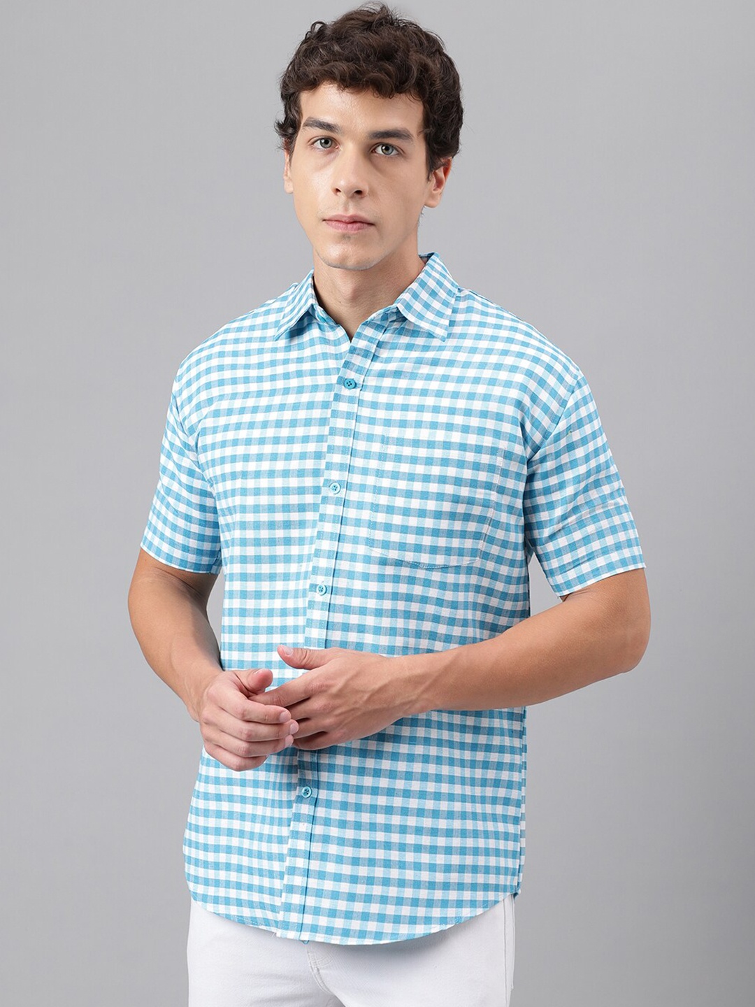 

RIAG Gingham Checks Striped Cotton Casual Shirt, Blue