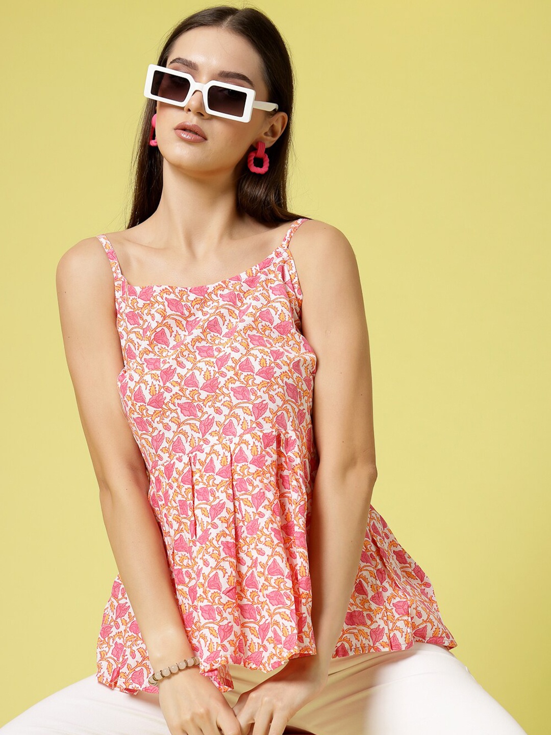 

KALINI Floral Printed Cotton Peplum Top, Pink