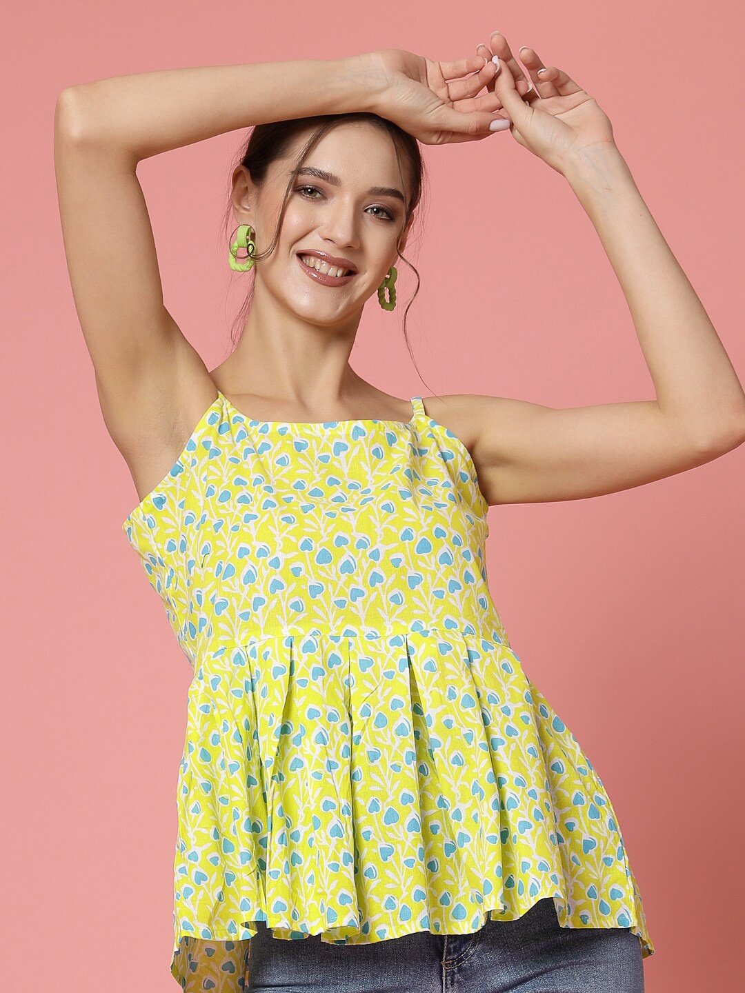 

KALINI Conversational Printed Cotton Peplum Top, Yellow