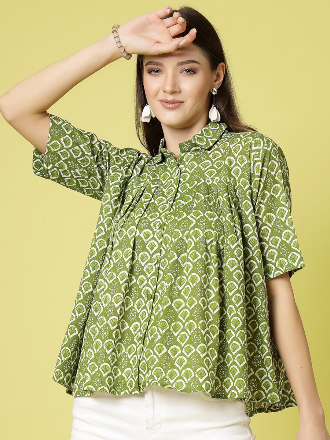 

KALINI Floral Printed Cotton Shirt Style Top, Green