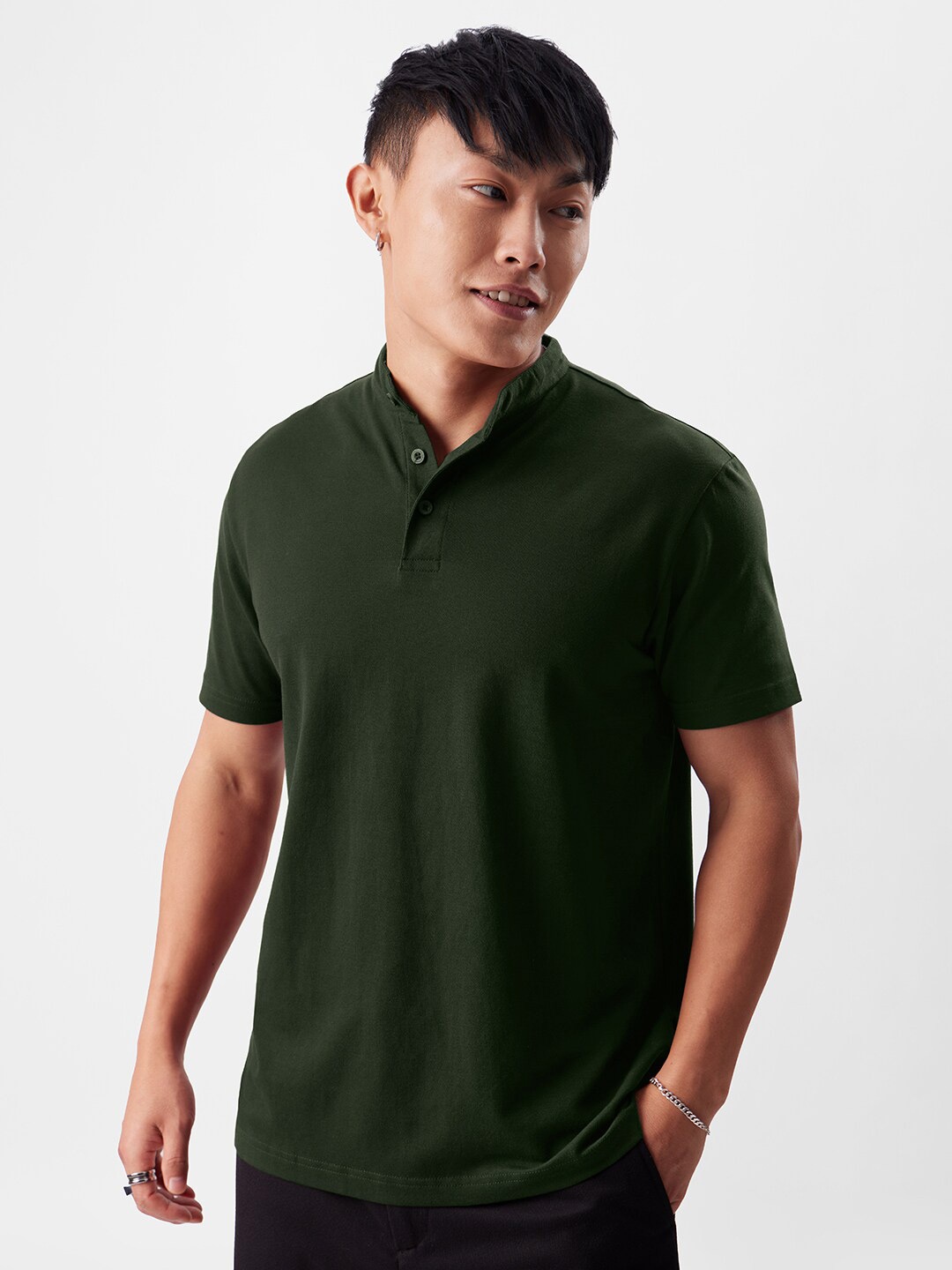 The Souled Store Olive Green Polo Collar T-shirt