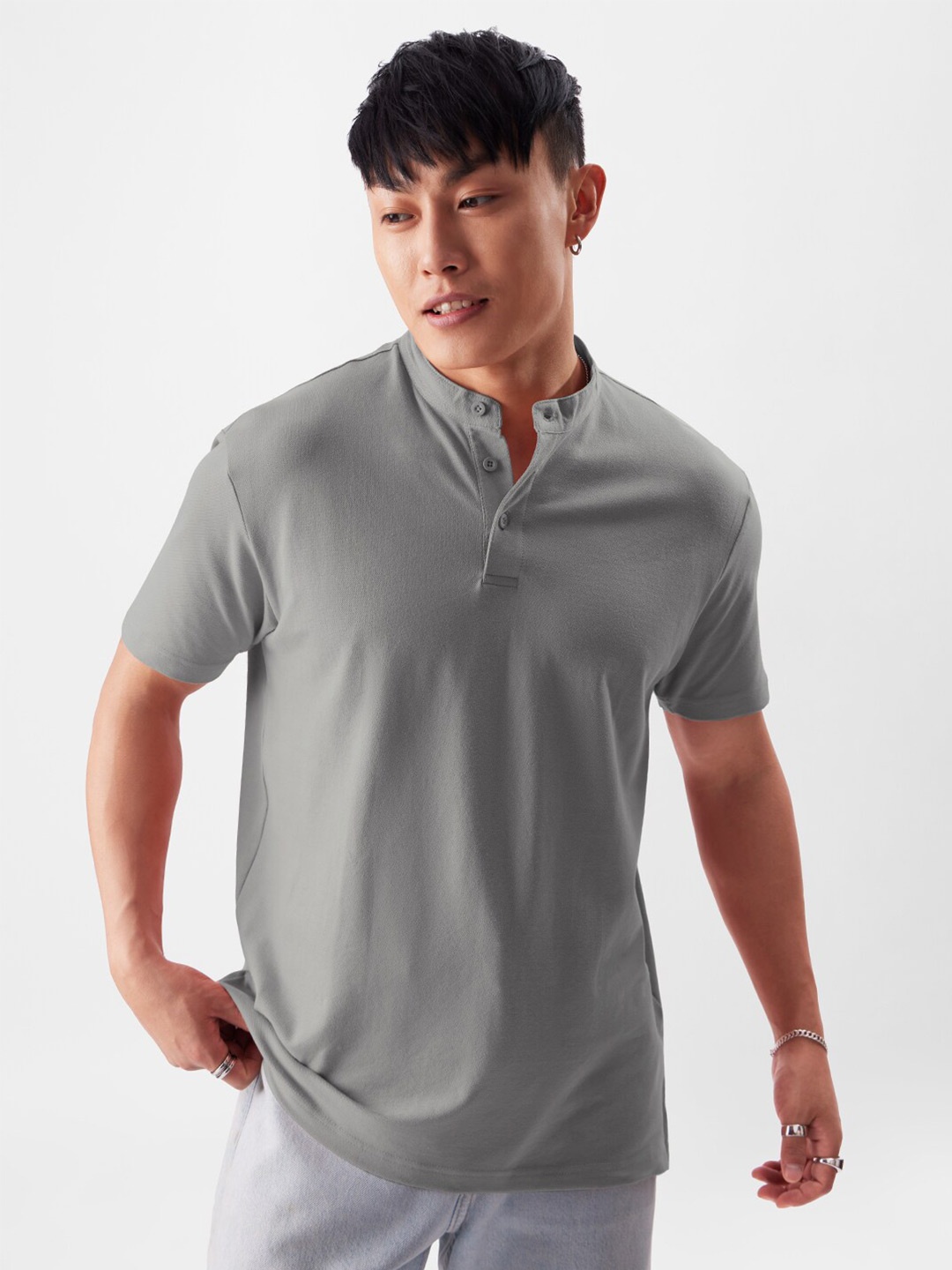 

The Souled Store Henley Neck Regular Fit Casual T-shirt, Grey
