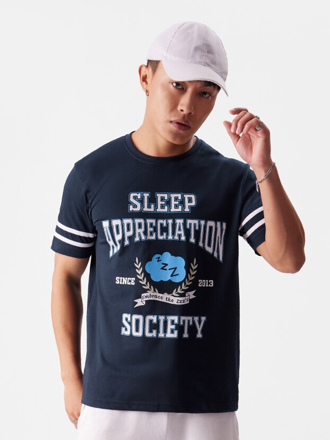 

The Souled Store Typography Printed Regular Fit Pure Cotton Casual T-shirt, Navy blue