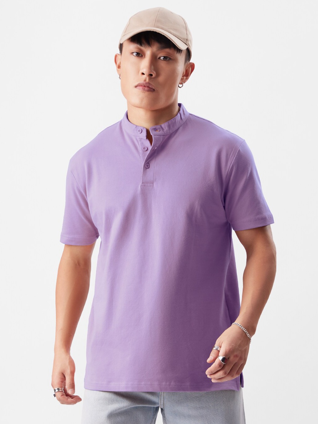 

The Souled Store Lavender Band Collar Casual T-Shirt