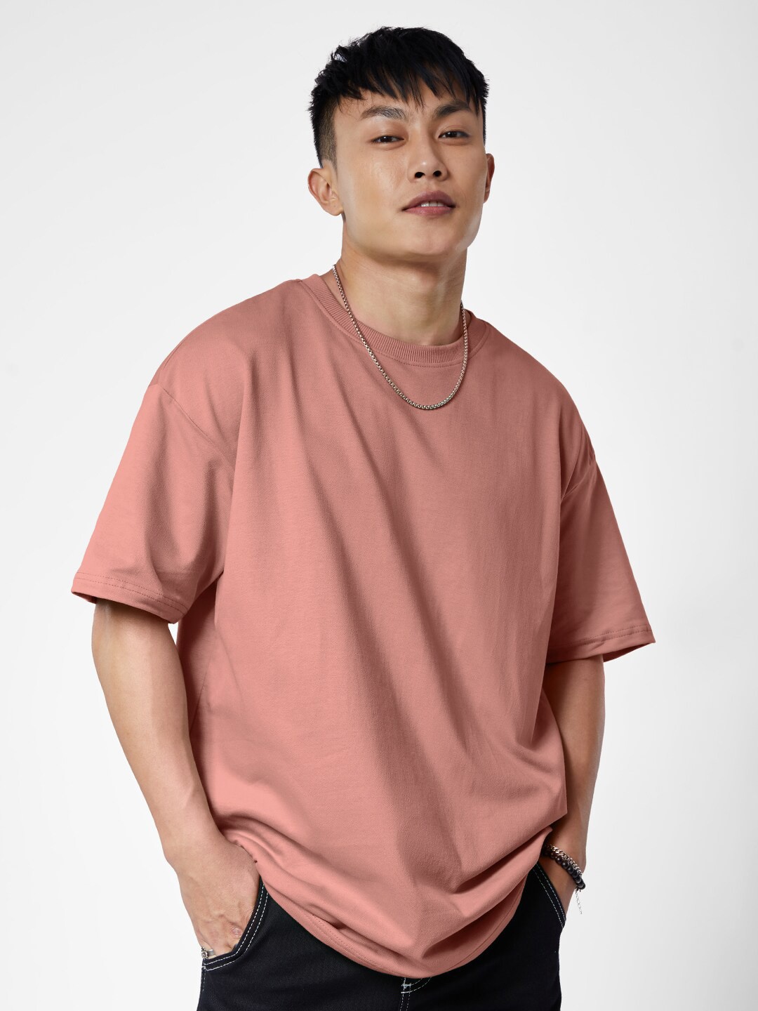 

The Souled Store Pink Drop-Shoulder Sleeves Oversized Pure Cotton Casual T-Shirt