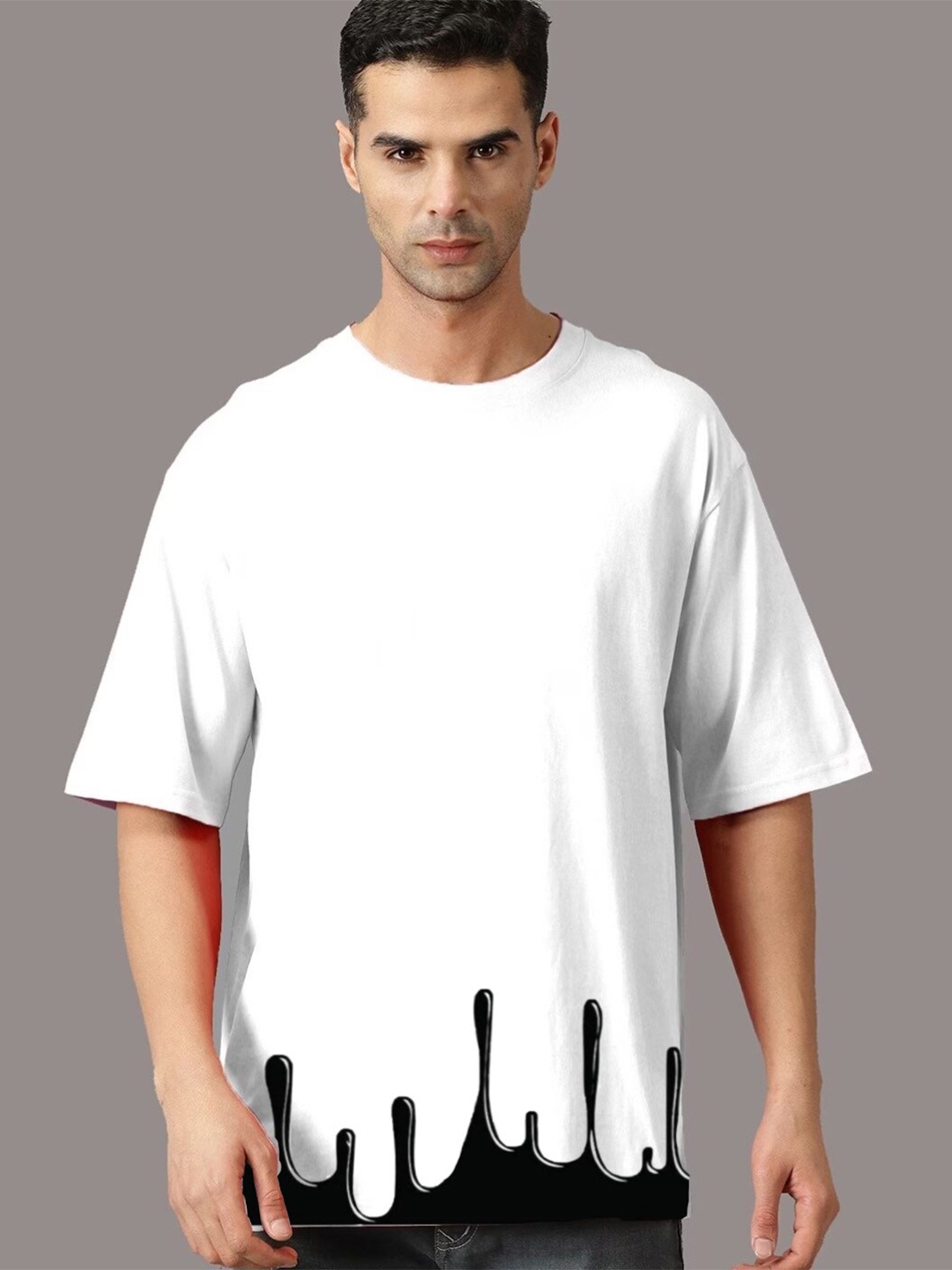 Elibolz Abstract Printed Drop-Shoulder Sleeves Cotton Oversized T-shirt, White