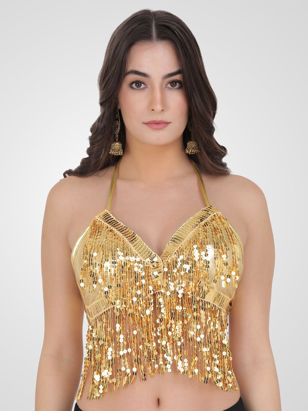

The Dance Bible Embellished Halter Neck Bralette Crop Top, Gold