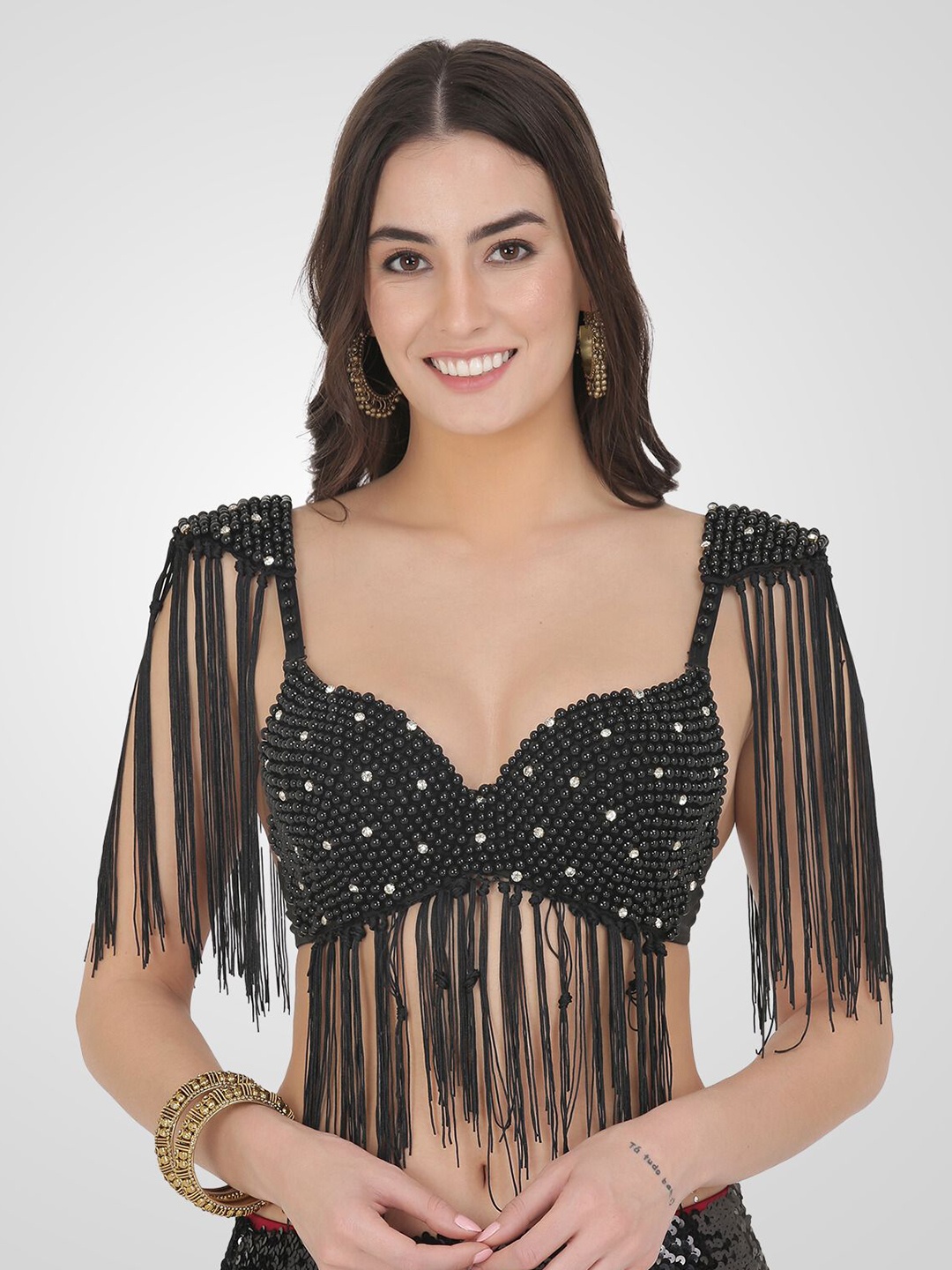 

The Dance Bible Black Embellished Sweetheart Neck Bralette Crop Top