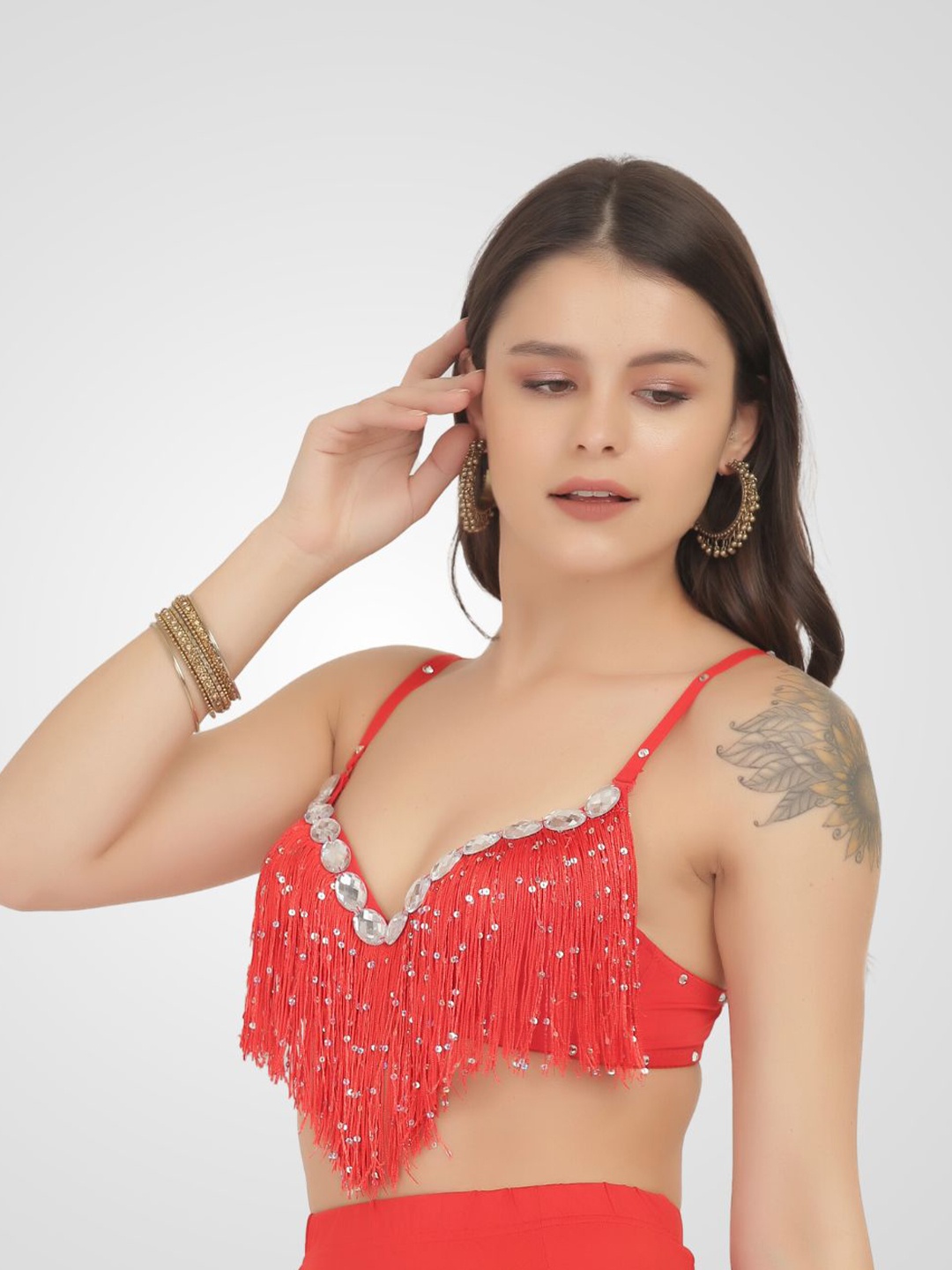 

The Dance Bible Self Design Sweetheart Neck Chiffon Bralette Crop Top, Red