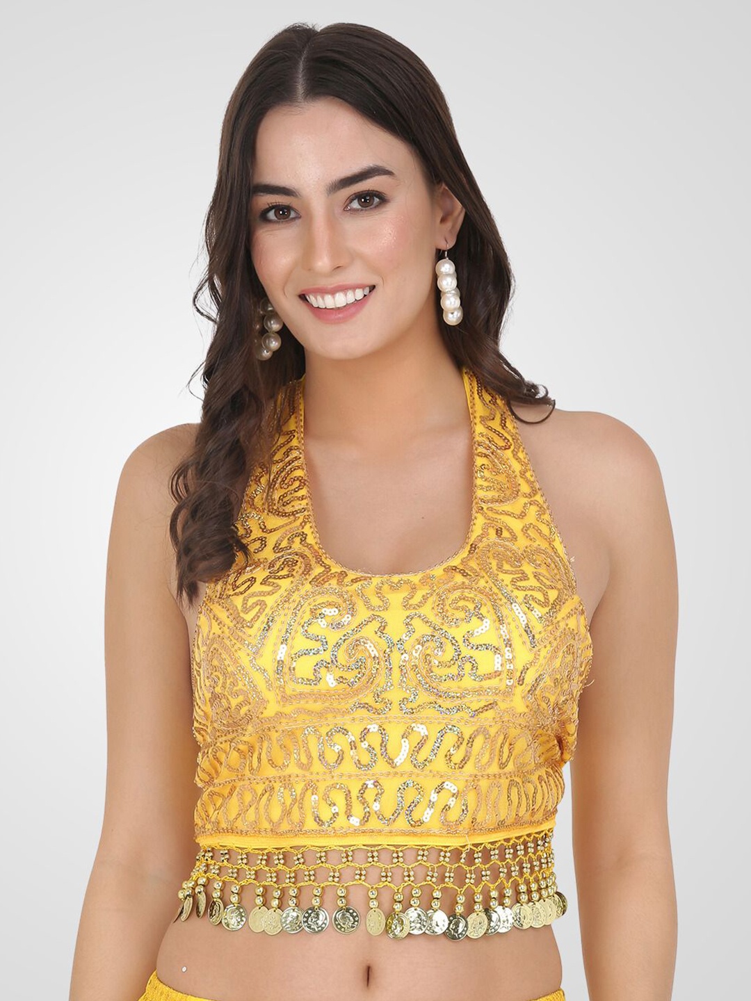 

The Dance Bible Embellished Halter Neck Styled Back Crop Top, Yellow