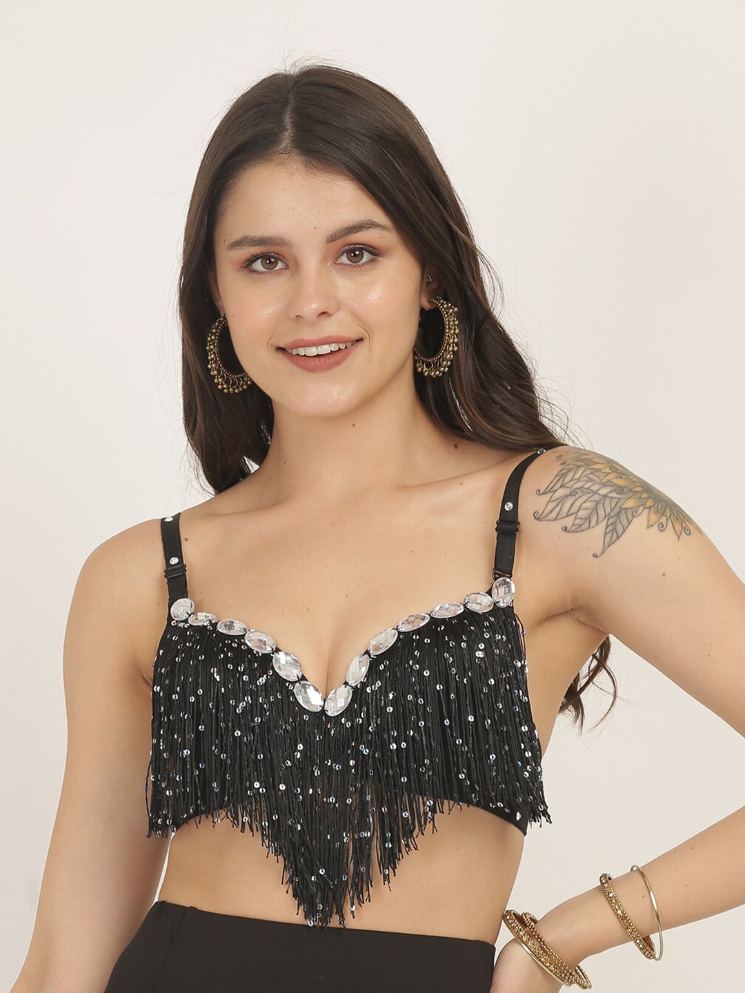 

The Dance Bible Black Self Design Chiffon Bralette Crop Top