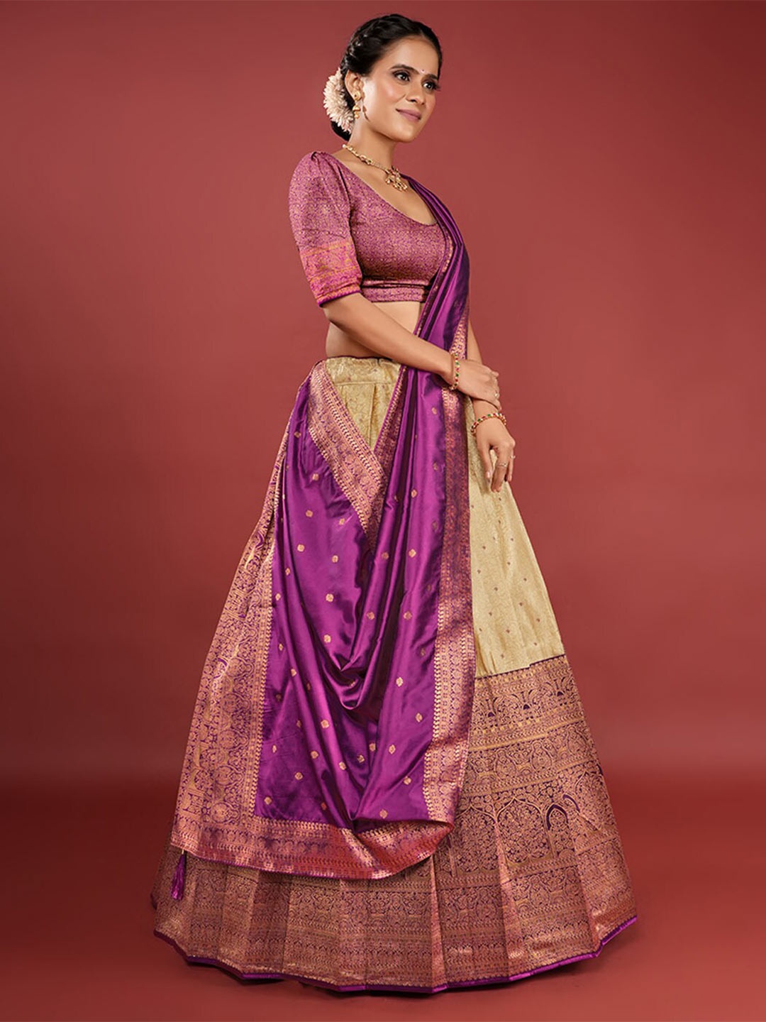 

HALFSAREE STUDIO Semi-Stitched Lehenga & Unstitched Blouse With Dupatta, Purple