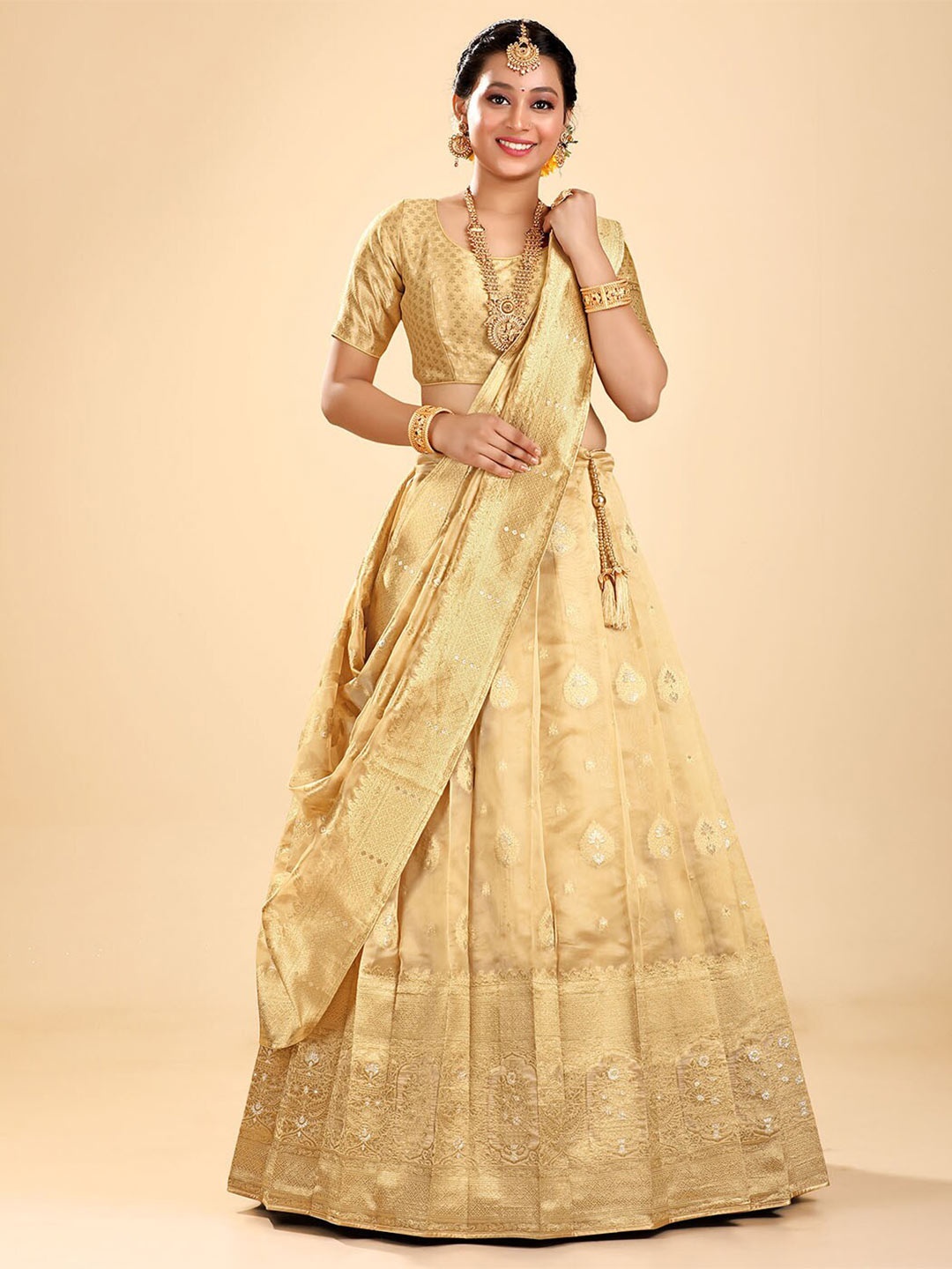 

HALFSAREE STUDIO Embroidered Semi-Stitched Lehenga & Unstitched Blouse With Dupatta, Cream