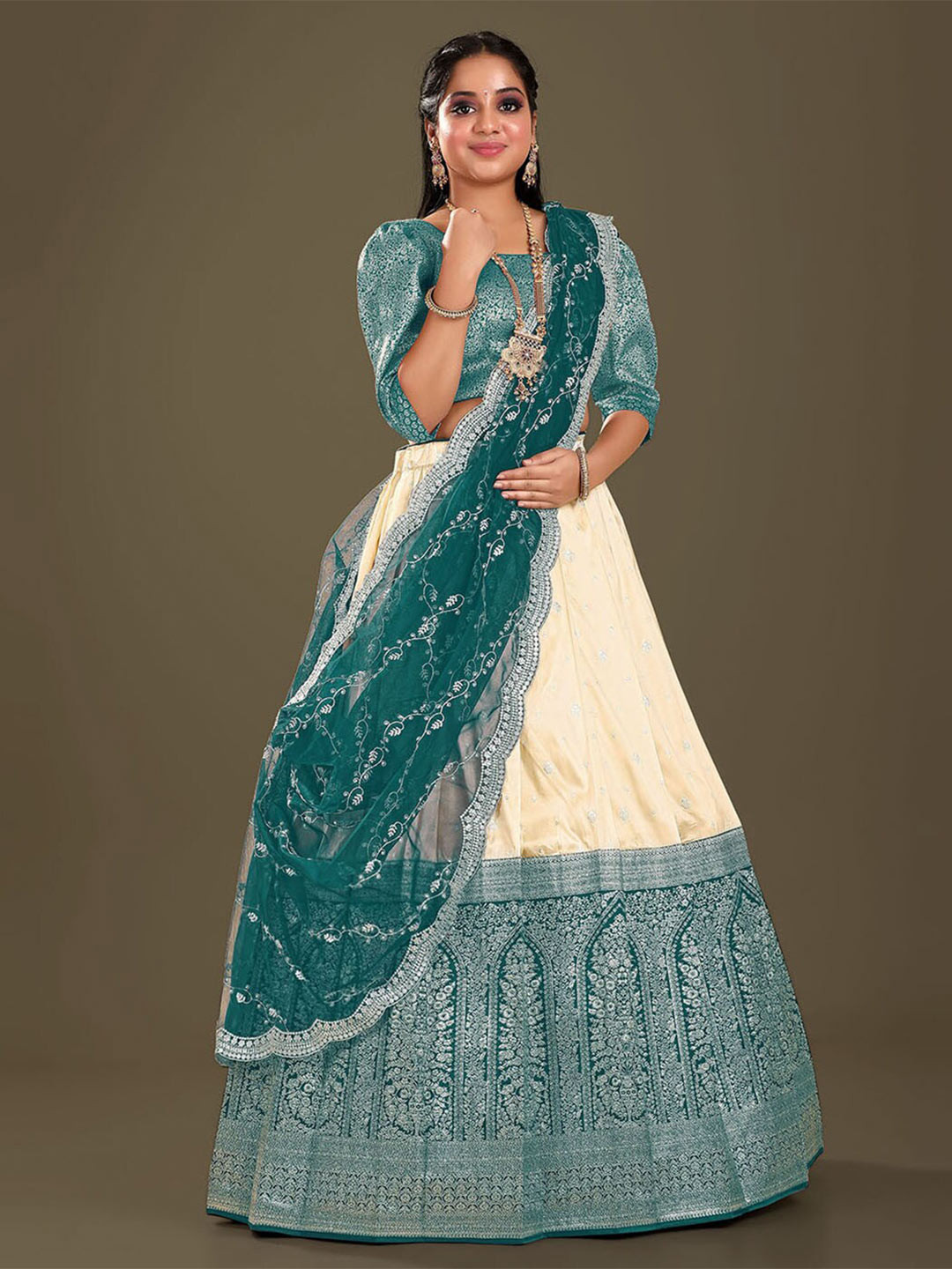 

HALFSAREE STUDIO Semi-Stitched Lehenga & Unstitched Blouse With Dupatta, Teal