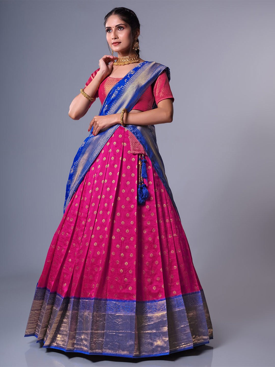 

HALFSAREE STUDIO Embroidered Semi-Stitched Lehenga & Unstitched Blouse With Dupatta, Pink