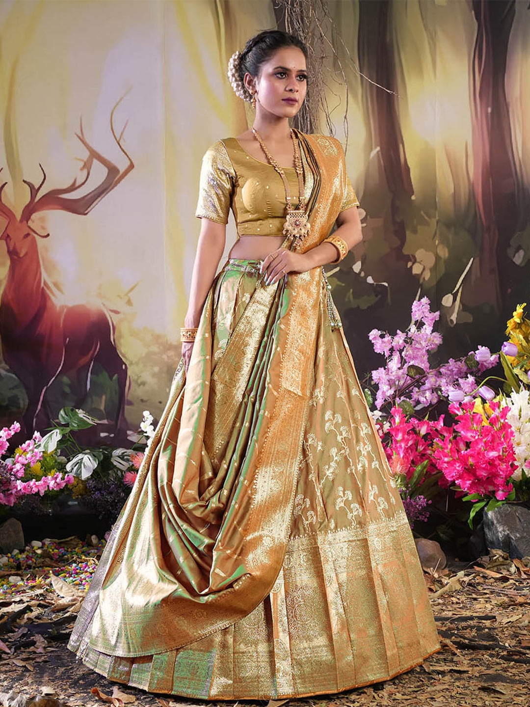 

HALFSAREE STUDIO Semi-Stitched Lehenga & Unstitched Blouse With Dupatta, Peach