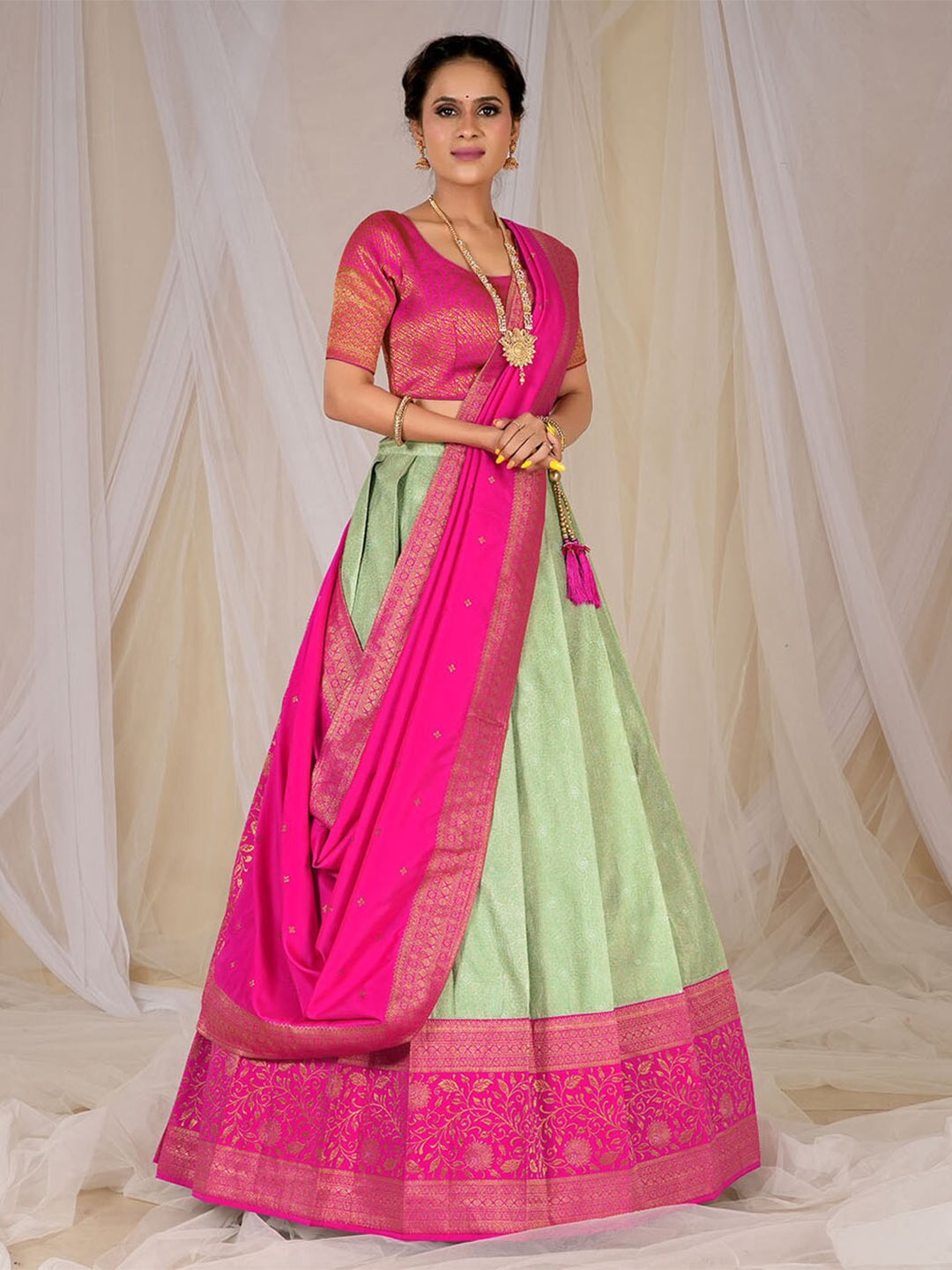 

HALFSAREE STUDIO Semi-Stitched Lehenga & Unstitched Blouse With Dupatta, Pink