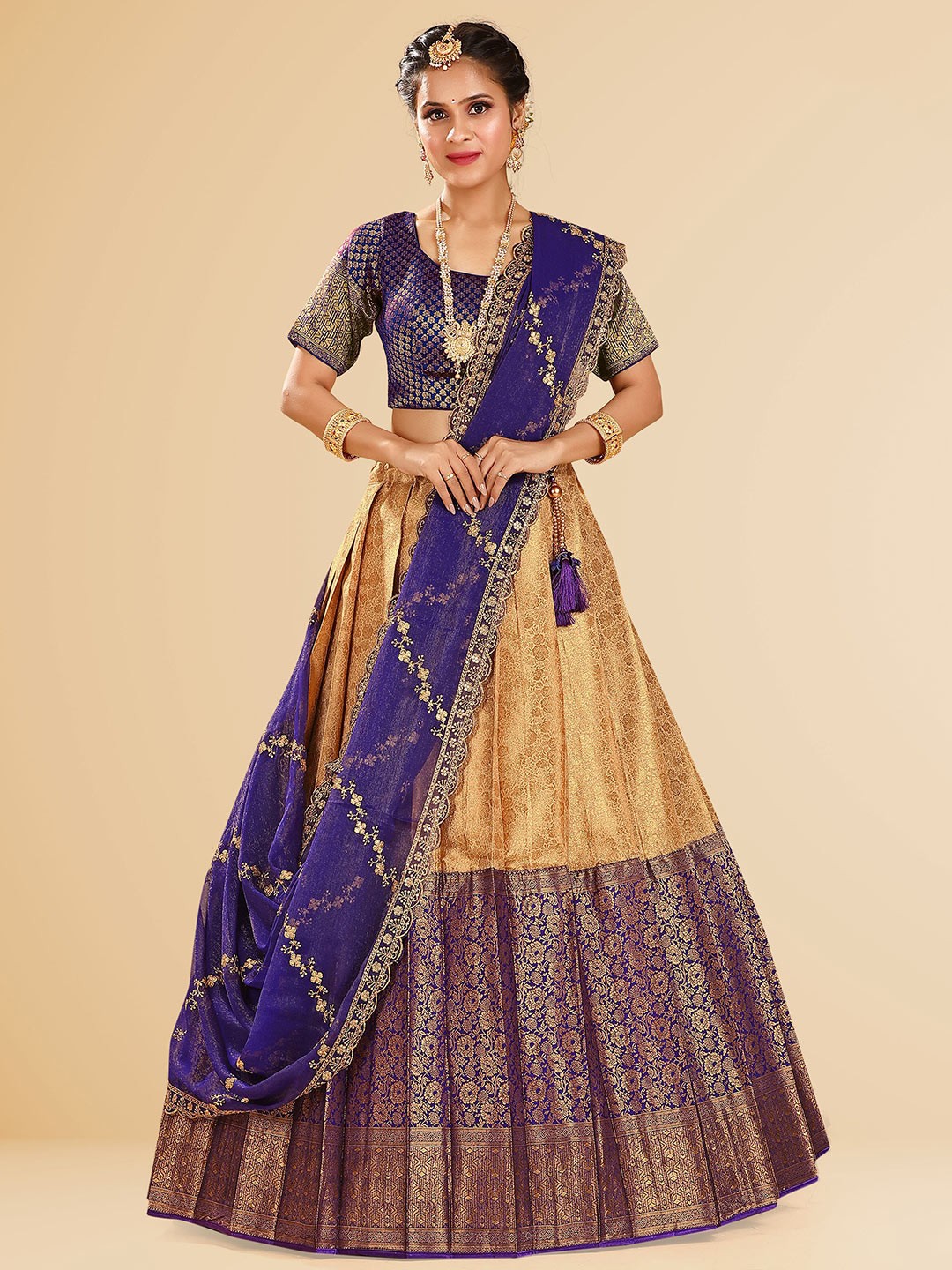

HALFSAREE STUDIO Semi-Stitched Lehenga & Unstitched Blouse With Dupatta, Blue