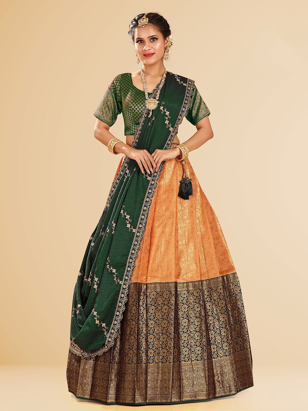 

HALFSAREE STUDIO Semi-Stitched Lehenga & Unstitched Blouse With Dupatta, Green