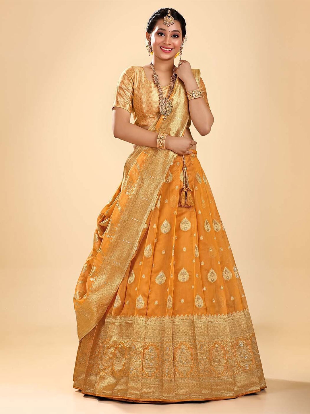 

HALFSAREE STUDIO Semi-Stitched Lehenga & Unstitched Blouse With Dupatta, Gold
