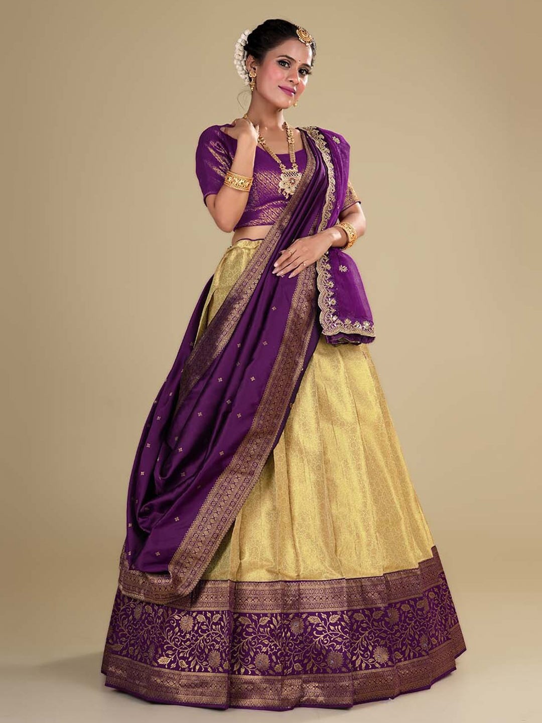 

HALFSAREE STUDIO Semi-Stitched Lehenga & Unstitched Blouse With Dupatta, Purple
