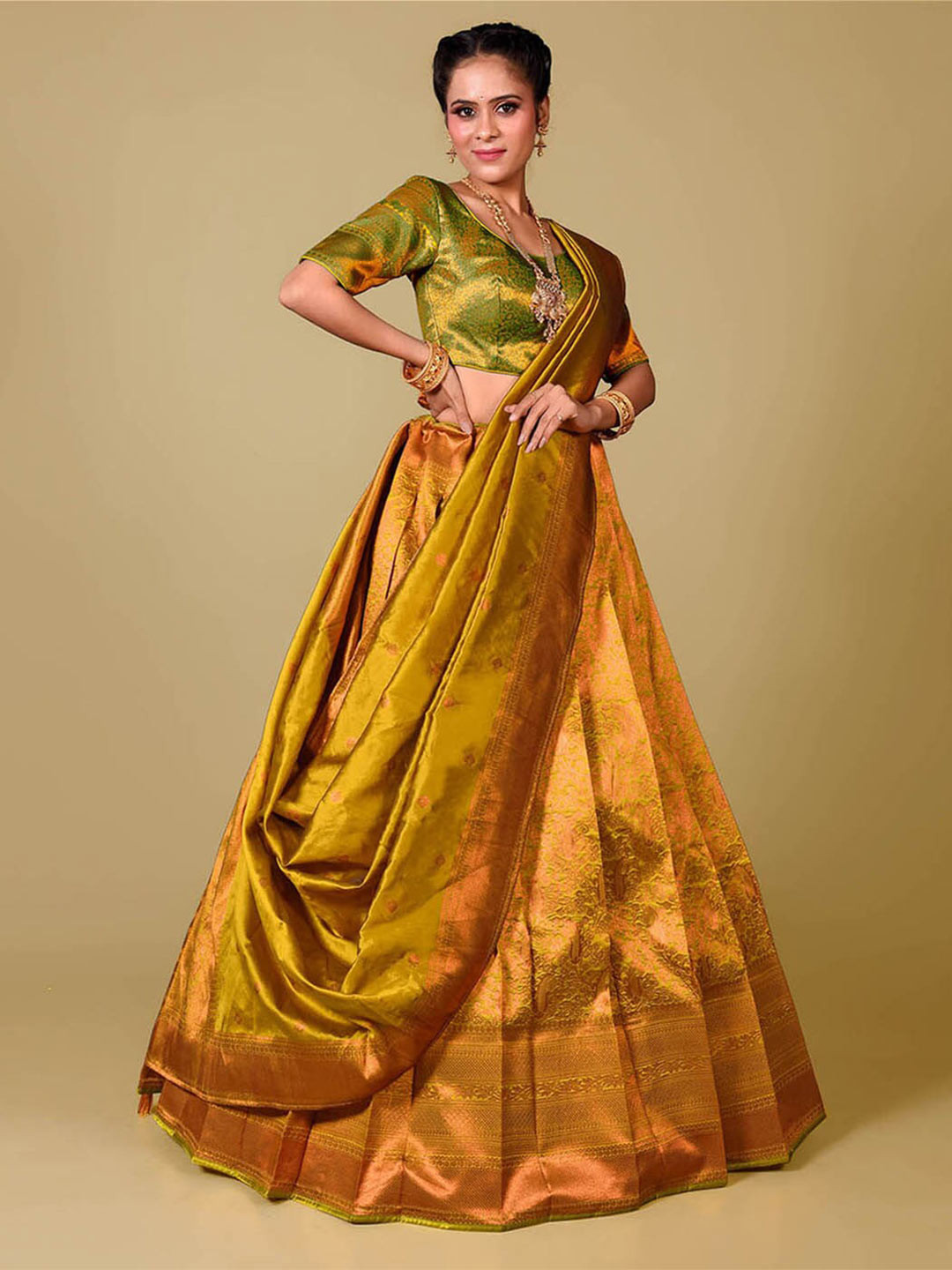 

HALFSAREE STUDIO Semi-Stitched Lehenga & Unstitched Blouse With Dupatta, Mustard