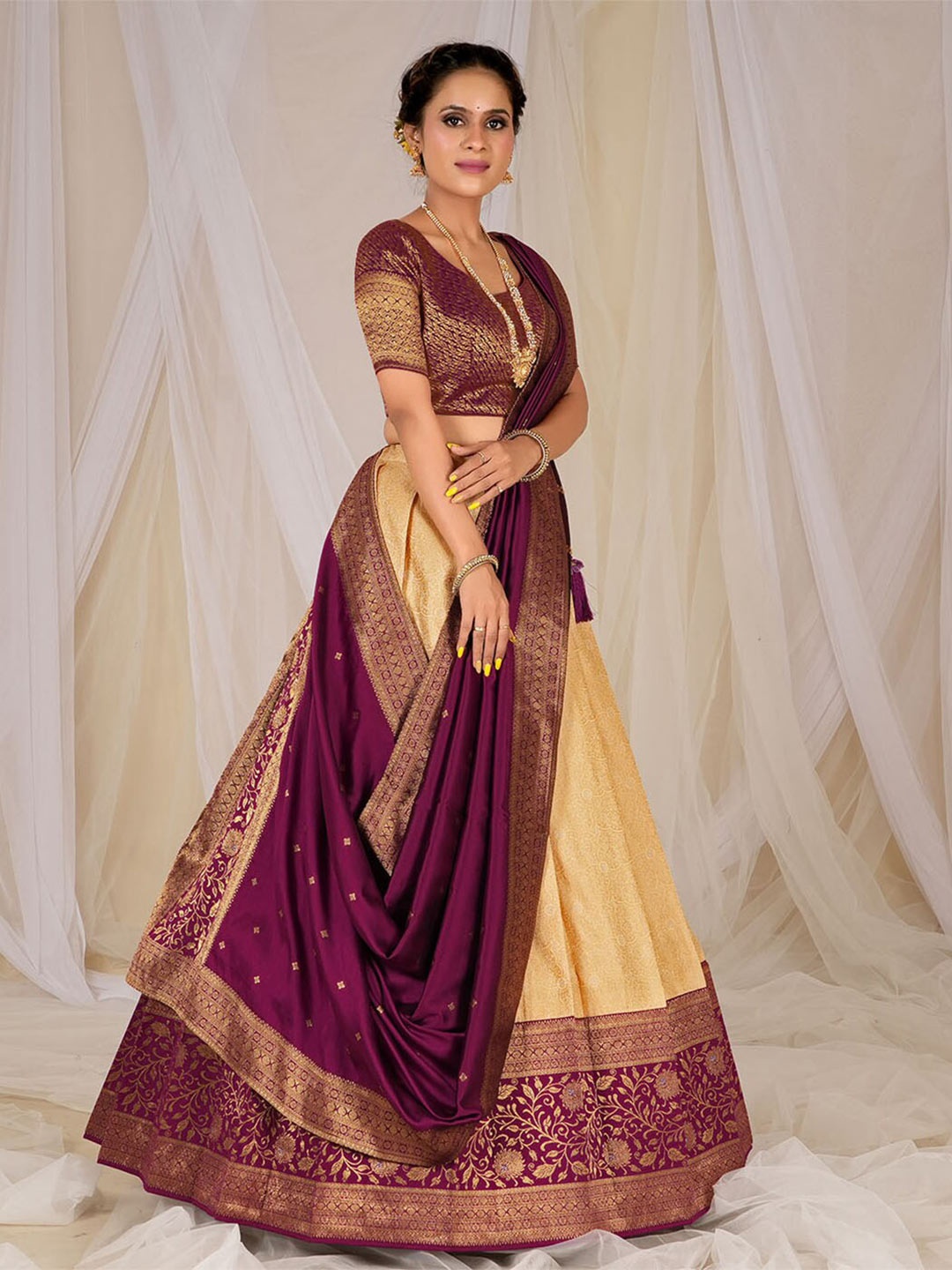 

HALFSAREE STUDIO Semi-Stitched Lehenga & Unstitched Blouse With Dupatta, Peach