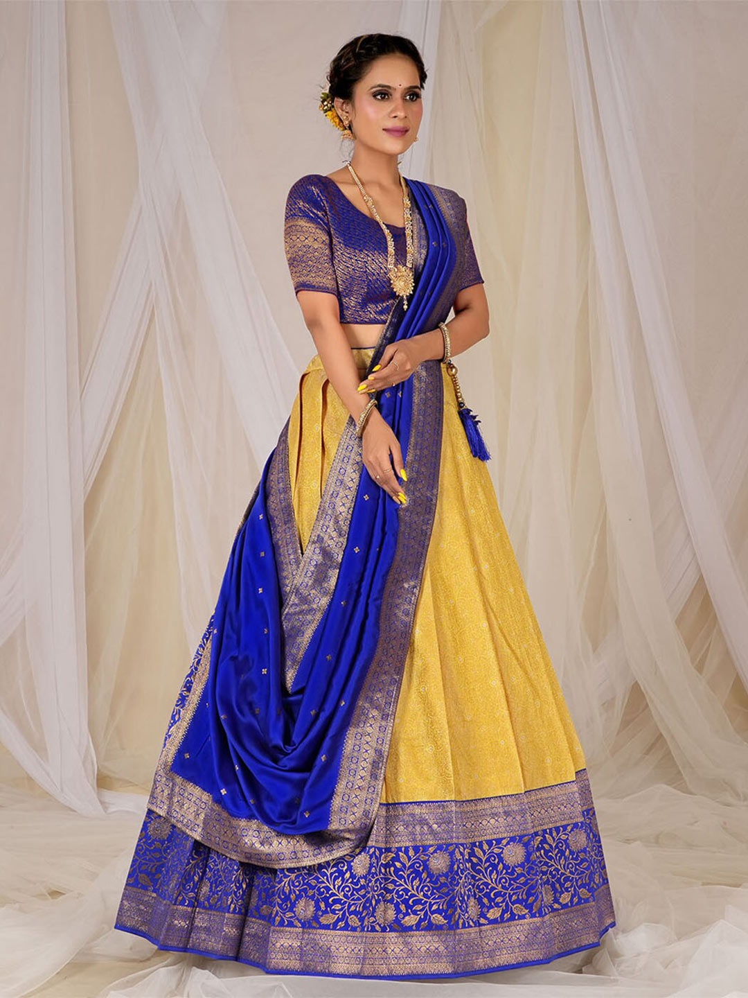 

HALFSAREE STUDIO Semi-Stitched Lehenga & Unstitched Blouse With Dupatta, Gold