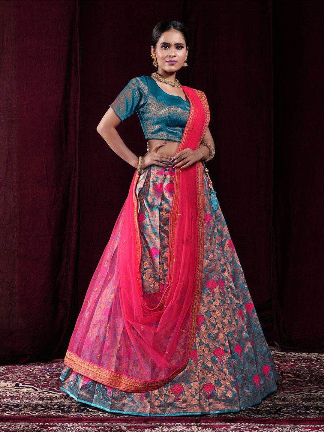 

HALFSAREE STUDIO Semi-Stitched Lehenga & Unstitched Blouse With Dupatta, Teal
