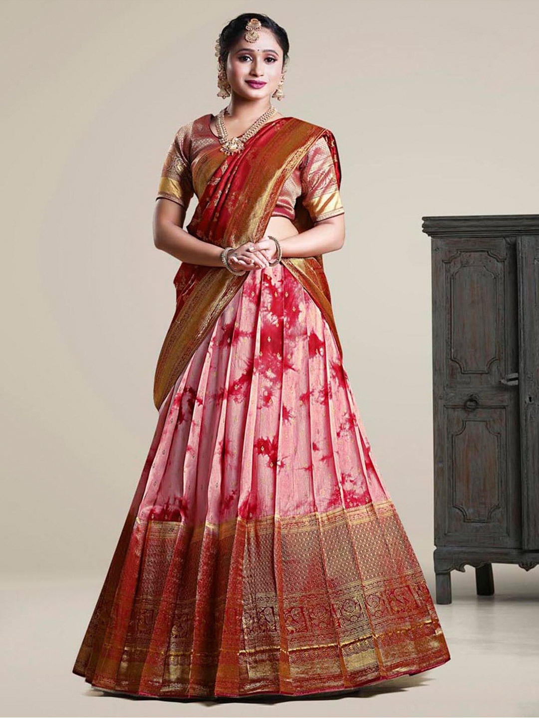 

HALFSAREE STUDIO Semi-Stitched Lehenga & Unstitched Blouse With Dupatta, Maroon