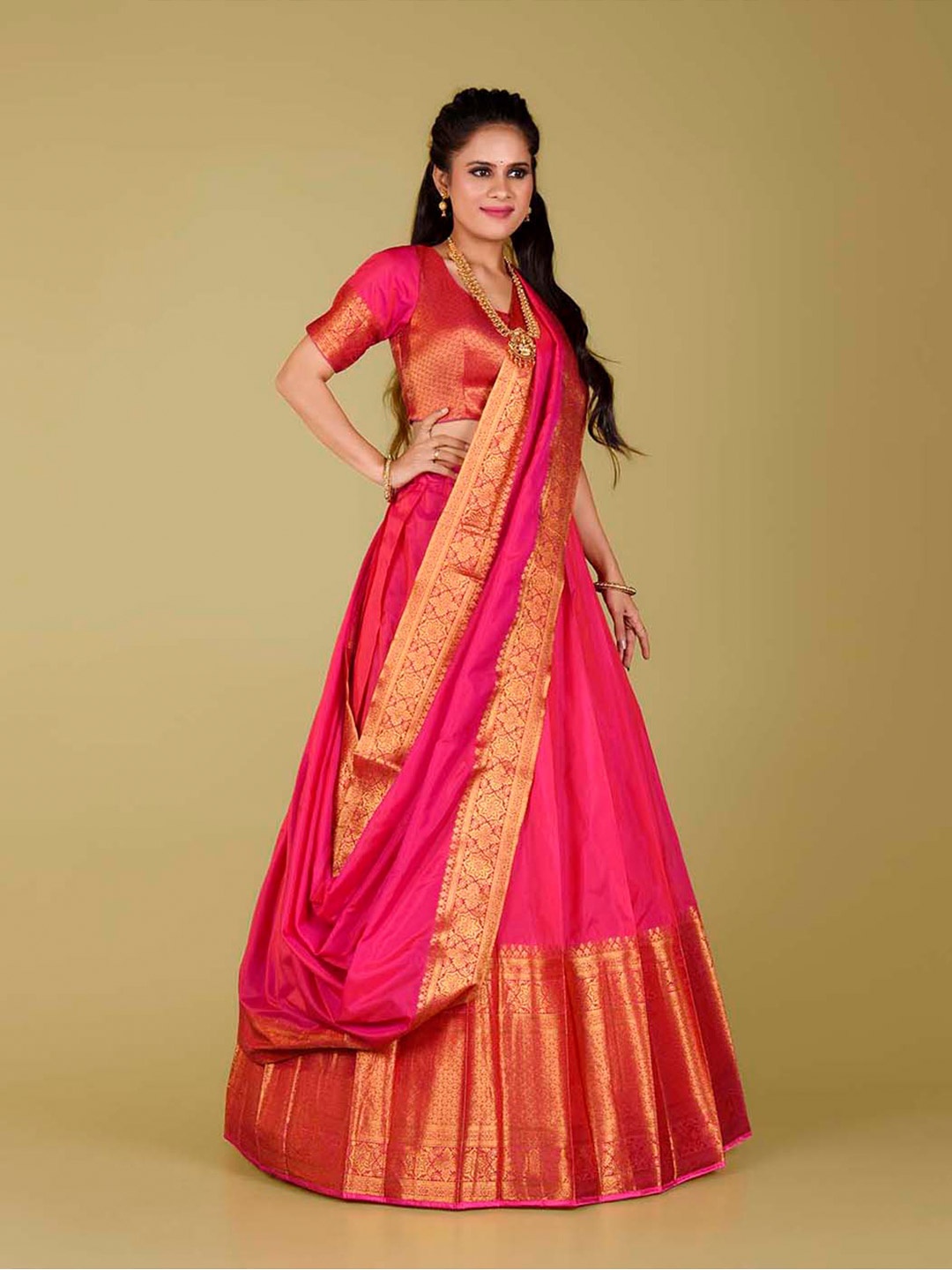

HALFSAREE STUDIO Semi-Stitched Lehenga & Unstitched Blouse With Dupatta, Pink