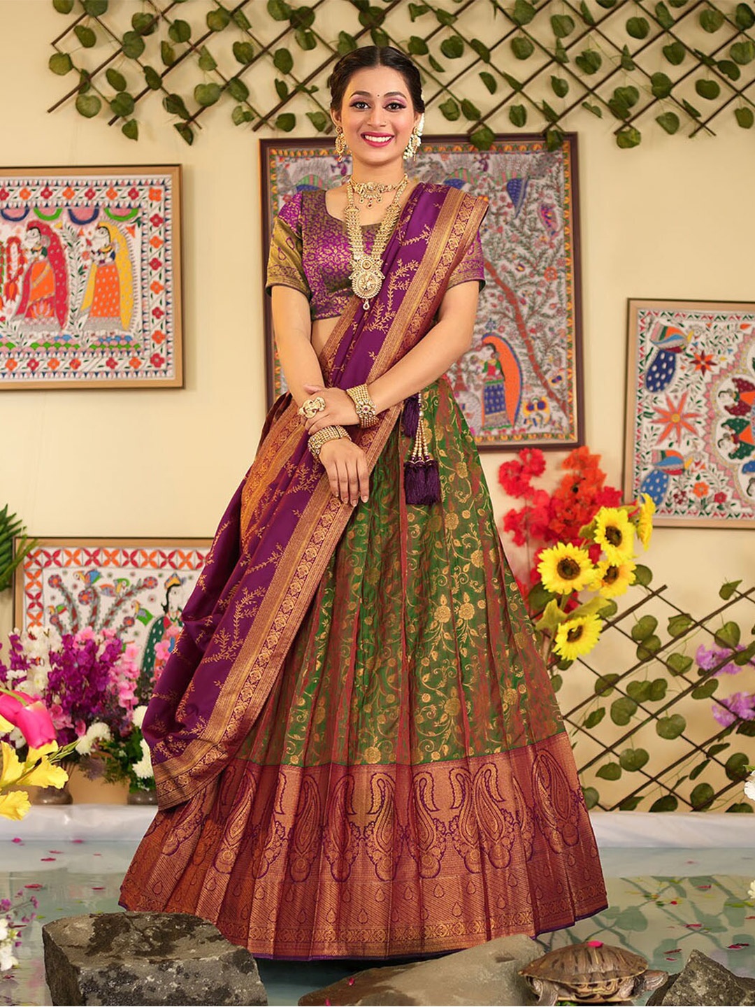 

HALFSAREE STUDIO Semi-Stitched Lehenga & Unstitched Blouse With Dupatta, Green