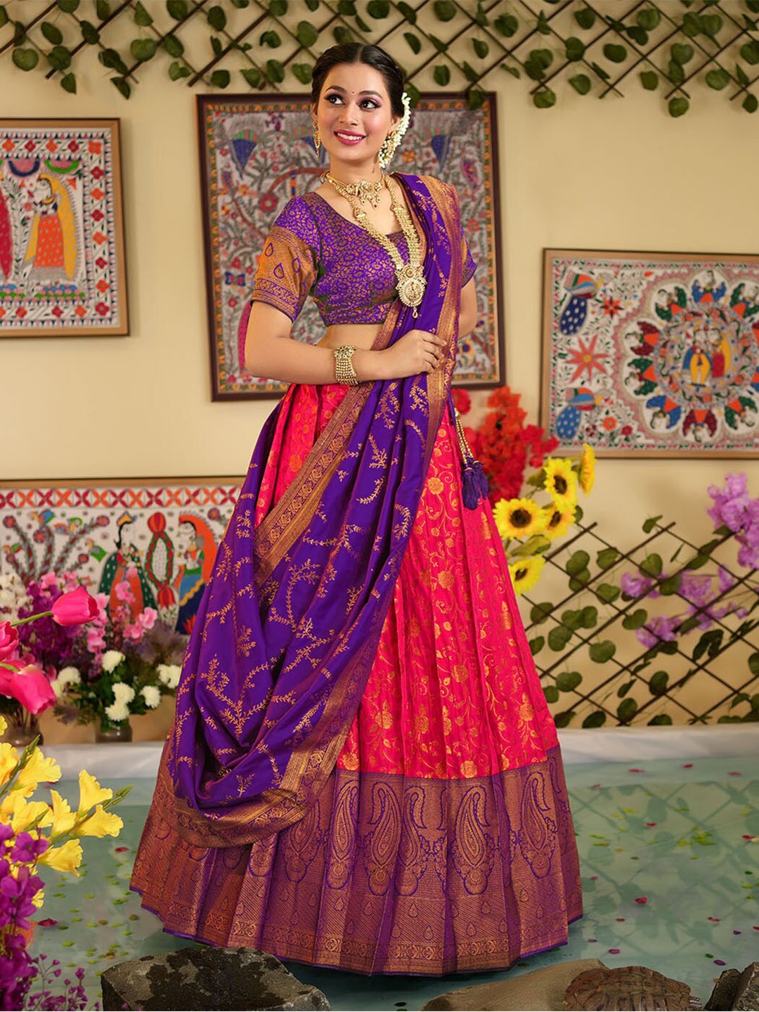 

HALFSAREE STUDIO Semi-Stitched Lehenga & Unstitched Blouse With Dupatta, Pink