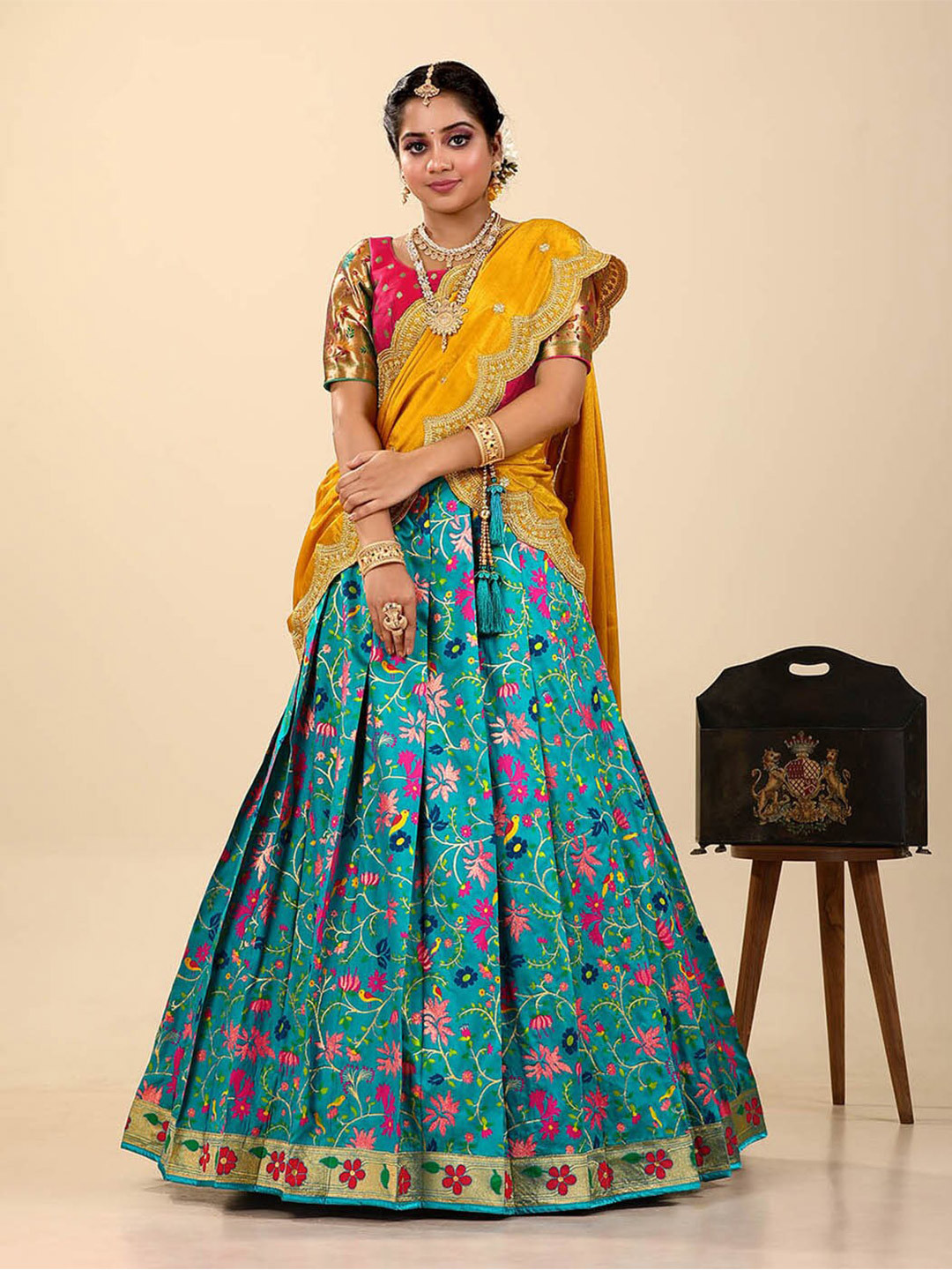 

HALFSAREE STUDIO Thread Work Semi-Stitched Lehenga & Unstitched Blouse With Dupatta, Teal